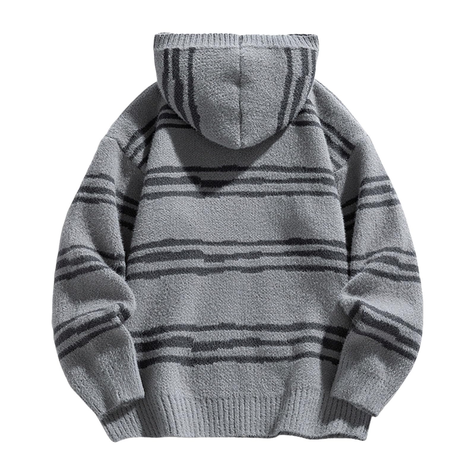 Cardigan con chiusura lampo, da uomo, con motivo a righe trasversali, con cappuccio, morbido, leggero, vintage, lavorato a maglia, per le mezze stagioni, comodi e caldi cardigan