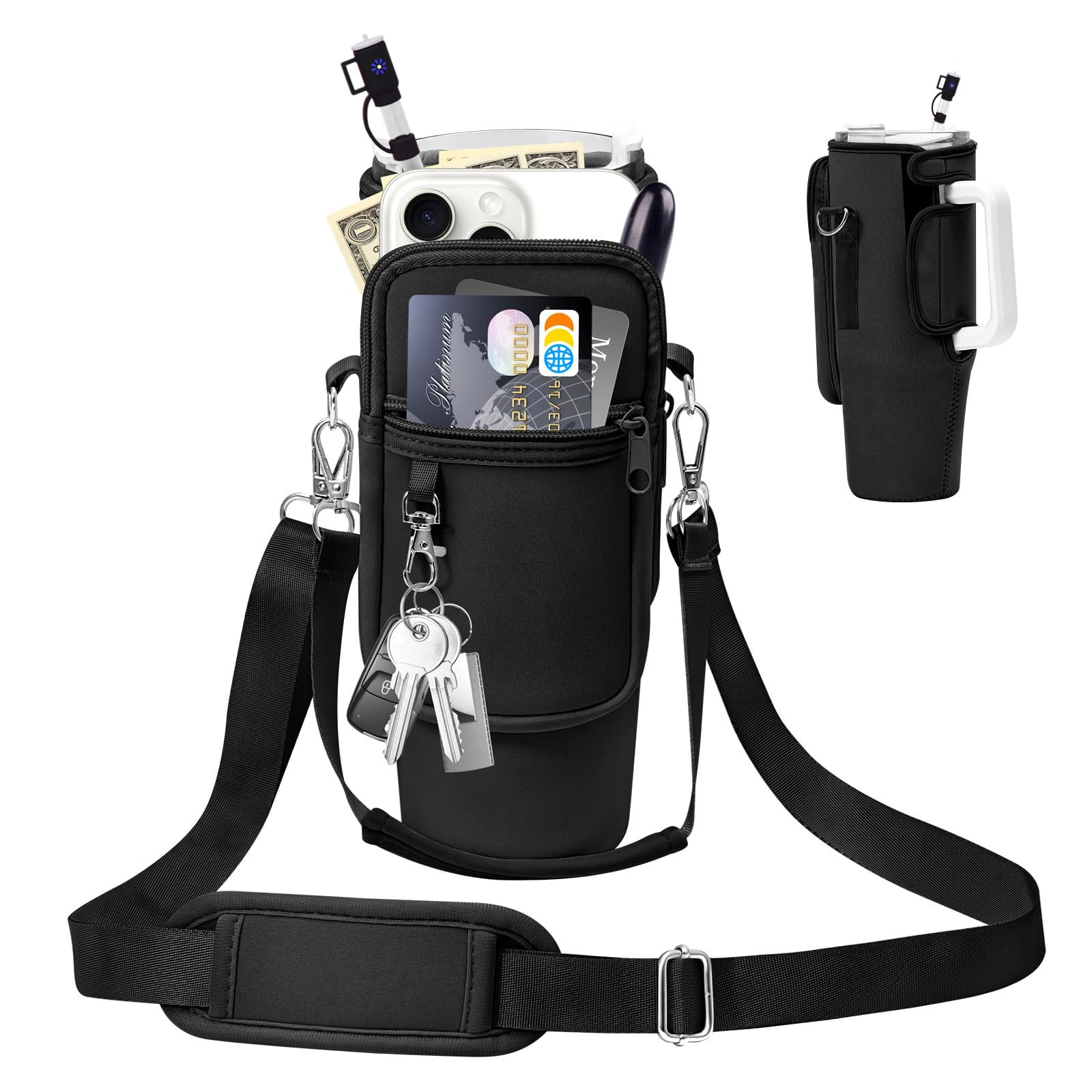Coolicee Stanley Sports Bottle Cover for 40oz Shoulder Strap with Straw Cap Stanley Cup Holder Cold Insulated Adjustable Handbag Crossbody Outdoor Camping (Black)
