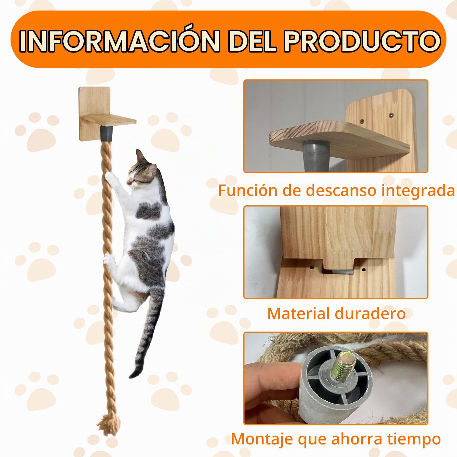 Rascador para Gatos Pared, Cuerda de Escalada de Pared para Gatos con Cojín de Salto para Gato, Estanterías para Gato con Cuerda de Escalada para Rascarse Las Garras, 1.7m