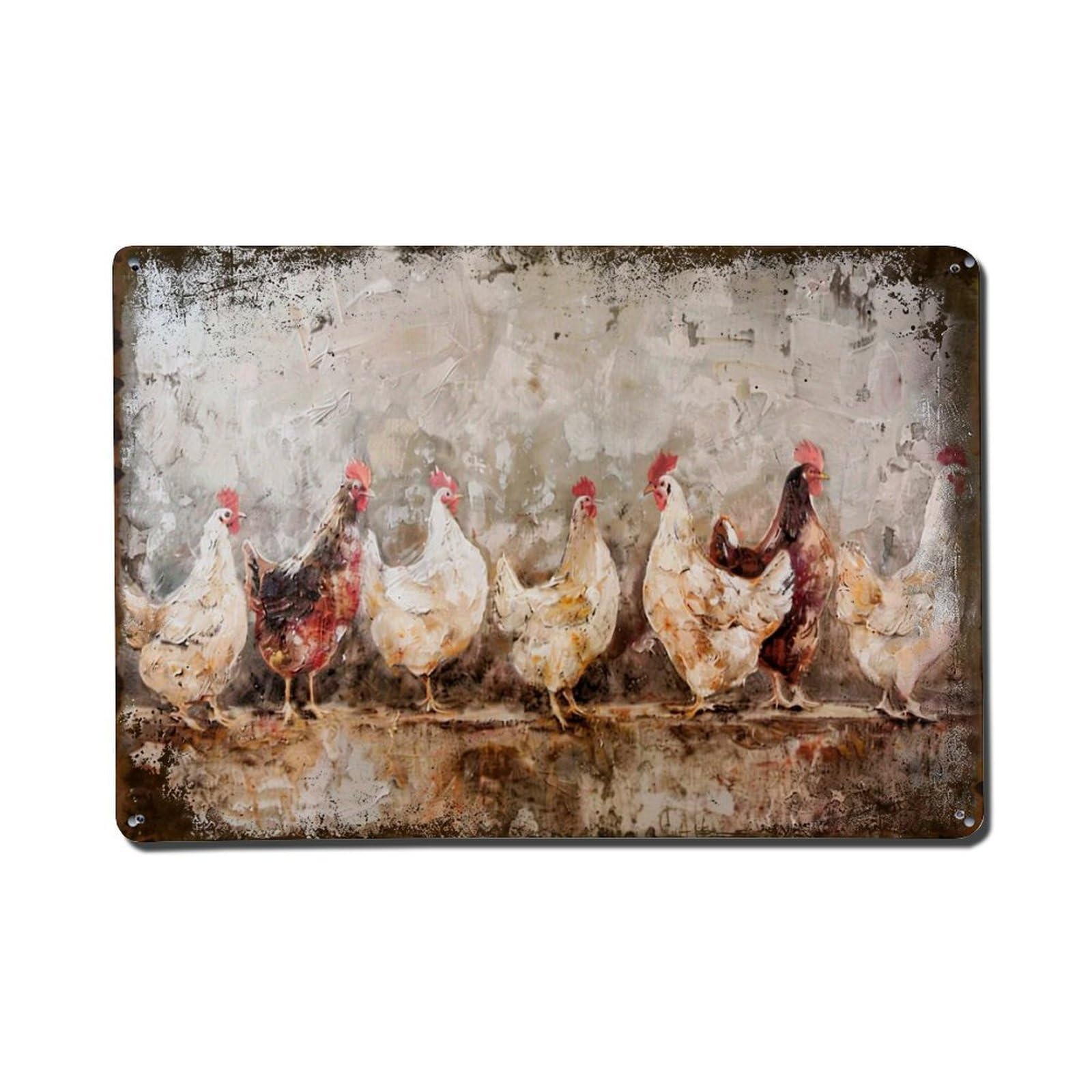 Chickens In A Row On Rustic Background Retro Metal Tin Sign, Vintage Decor Art Poster for Bar, Home, Man Cave, Kitchen, Laundry Room Gift 8x12Inch
