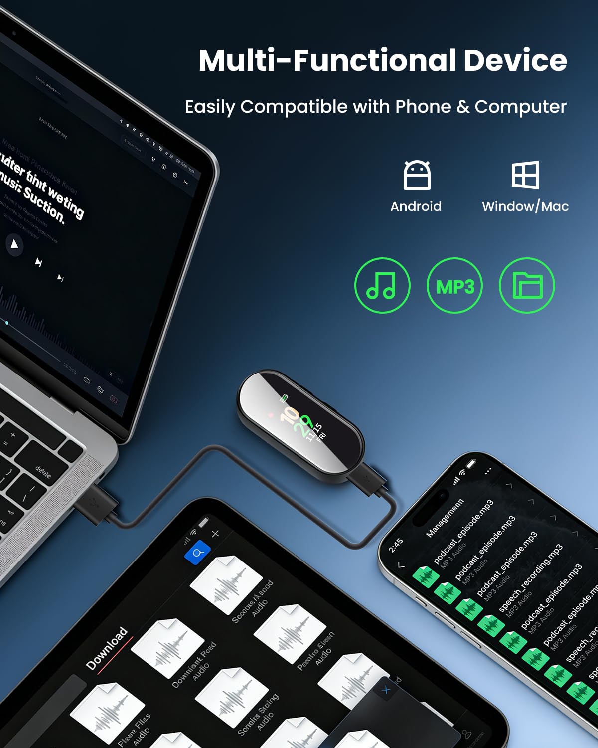 Cyfrowy dyktafon 64 GB profesjonalny i przenośny, 4 w 1 nowa ulepszona redukcja szumów Hi-Fi czysta jakość dźwięku, 3072 Kb/s dyktafon aktywowany dźwiękiem do wykładów, spotkań i kursów