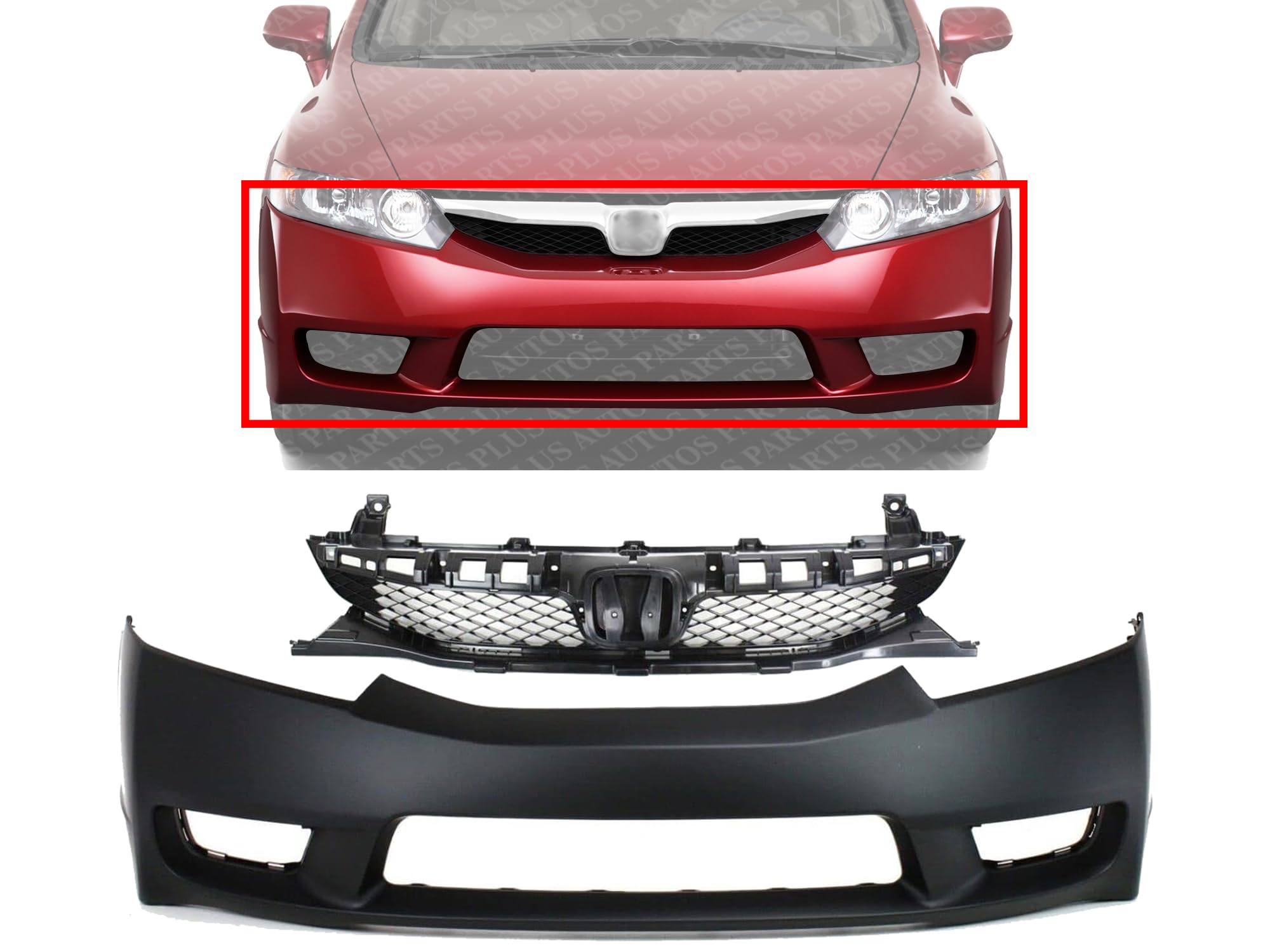 Front Bumper Cover + Grille Primed Shell and Insert Plastic Direct Replacement Compatible With 2009-2011 Honda Civic HO1000266 HO1200198 04711SNAA90ZZ 71121SNAA50