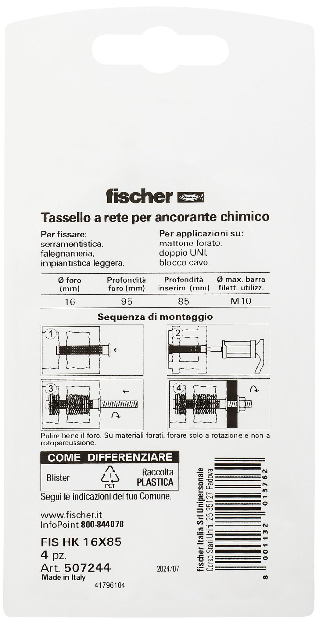 Fischer FIS HK 16x85 K Tasselli a Rete per Barre M8/M10, 4 Pz