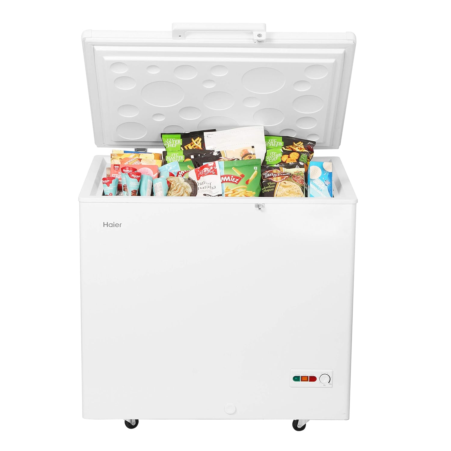 Haier HCC-230HC chest freezer with lid open, filled with frozen food