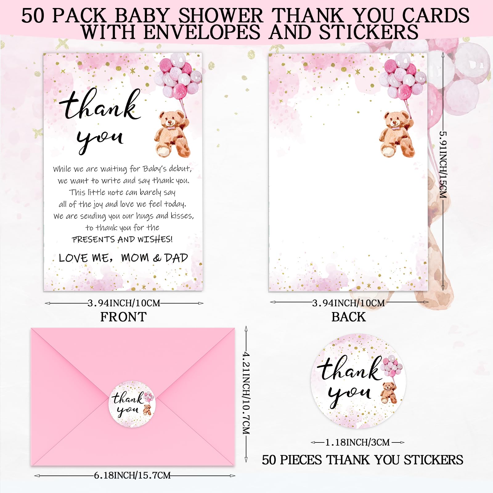 Kisston 50 Sets Bear Baby Shower Thank You Cards with 50 Envelopes and Stickers Thank You Gift Card for Baby Shower Gender Reveal Party Favor for Girl Boy(Pink)