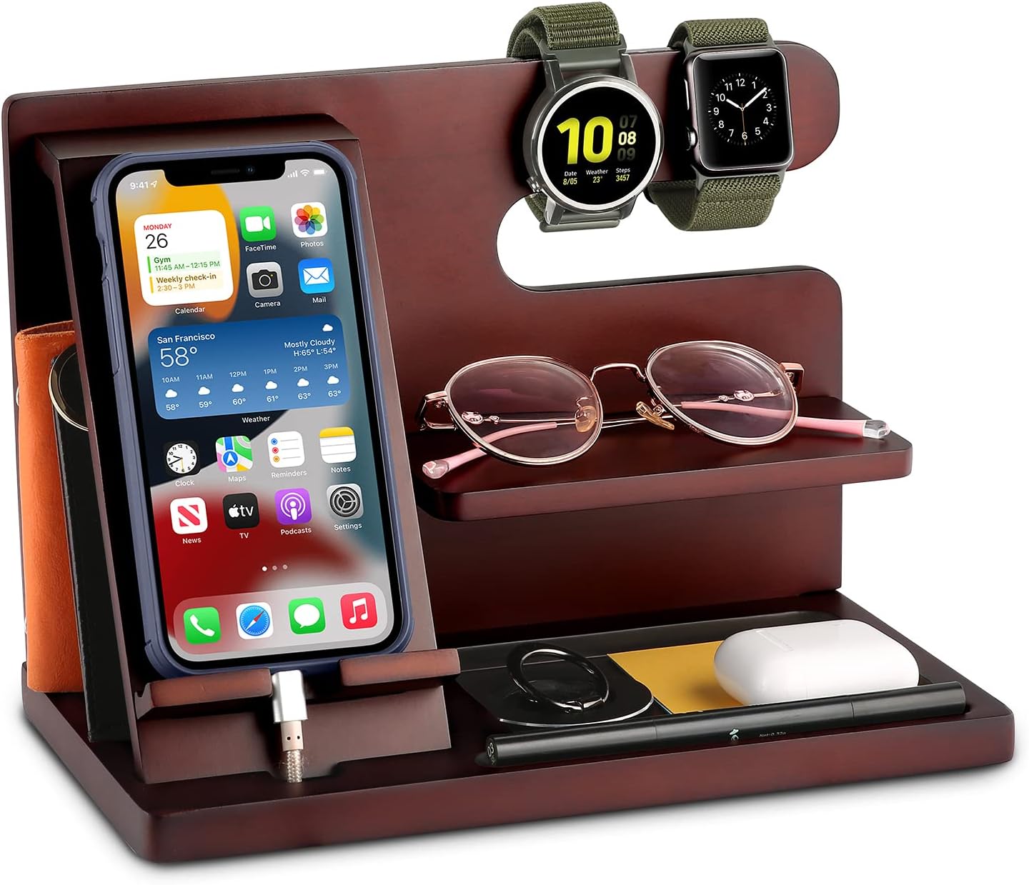 OUTXEWood Phone Docking Station, Christmas Men Gifts Nightstand Organizer for Phone, Keys, Wallet, Glasses, Gifts for Dad's Birthday, Father's Day, Anniversary