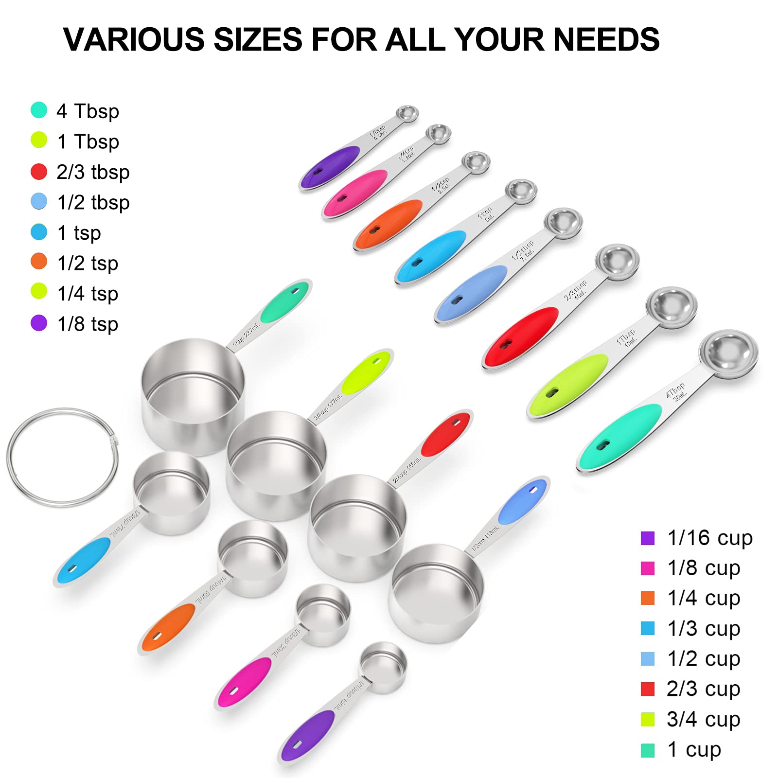 Stylish Measuring Set by Wildone - 21 Steel Compact Pieces, 8 cups, 8 spoons & 5 mini spoons, Colored Handles, For Dry & Liquid Ingredients