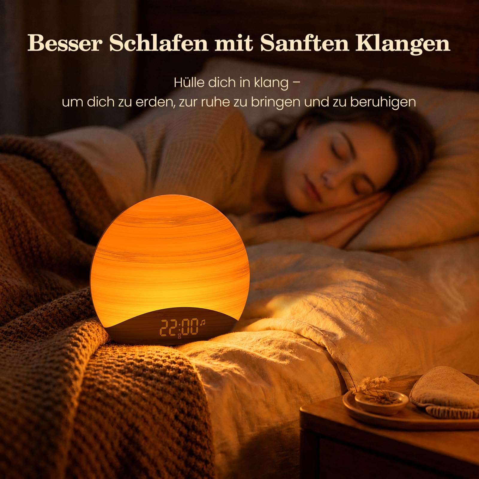 REACHER Lichtwecker Sonnenaufgang, Dimmbare Uhr, 26 Beruhigender Klängen, Nachttischlampe Holz für Schlafzimmer