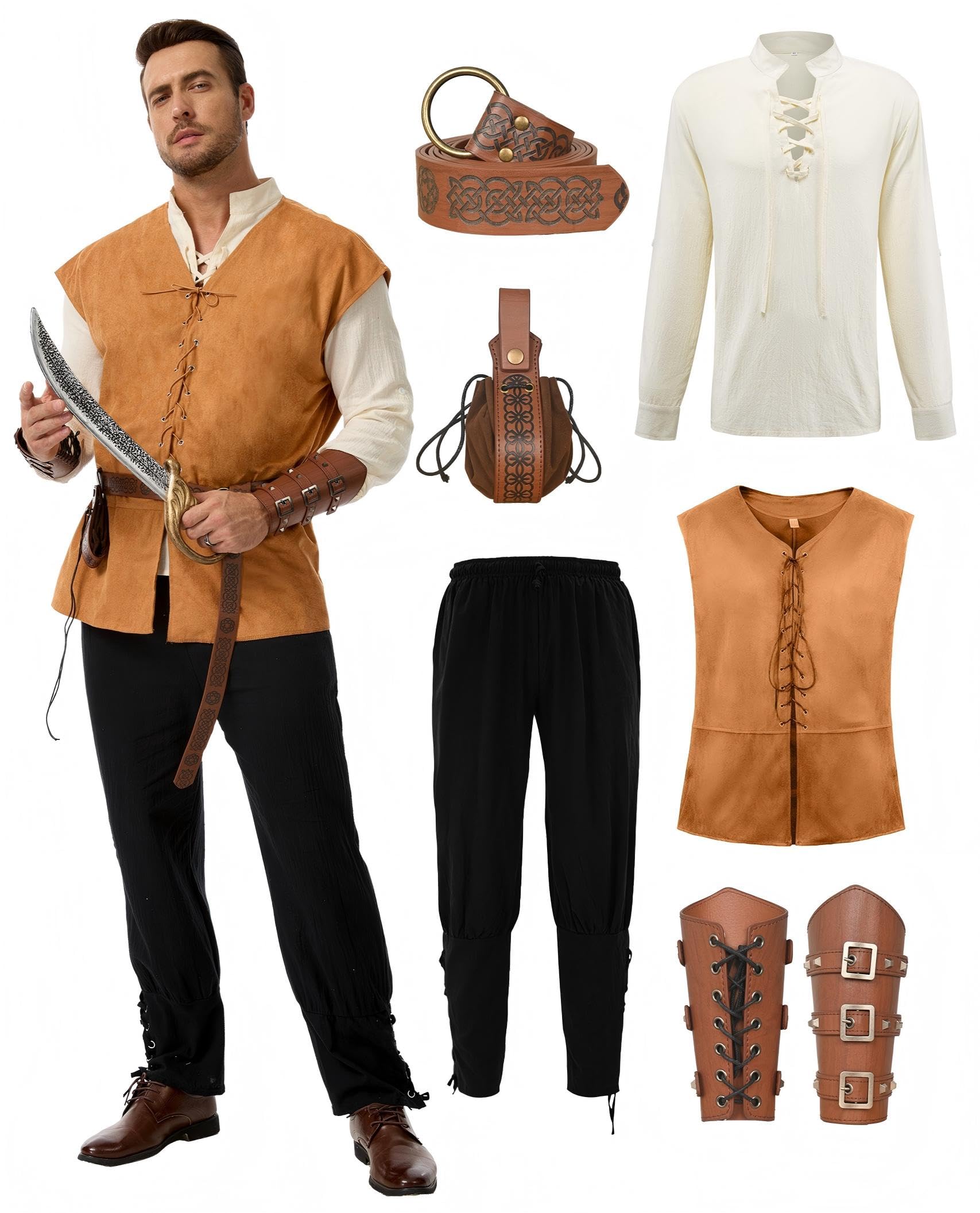 MIQEBX Men's Medieval Viking Costume Set - 6 Piece Renaissance Pirate Outfit with Lace-Up Shirt, Vest, Trousers, Bracers, Quiver & Celtic Belt for LARP, Halloween & Fancy Dress (White + Brown, L)