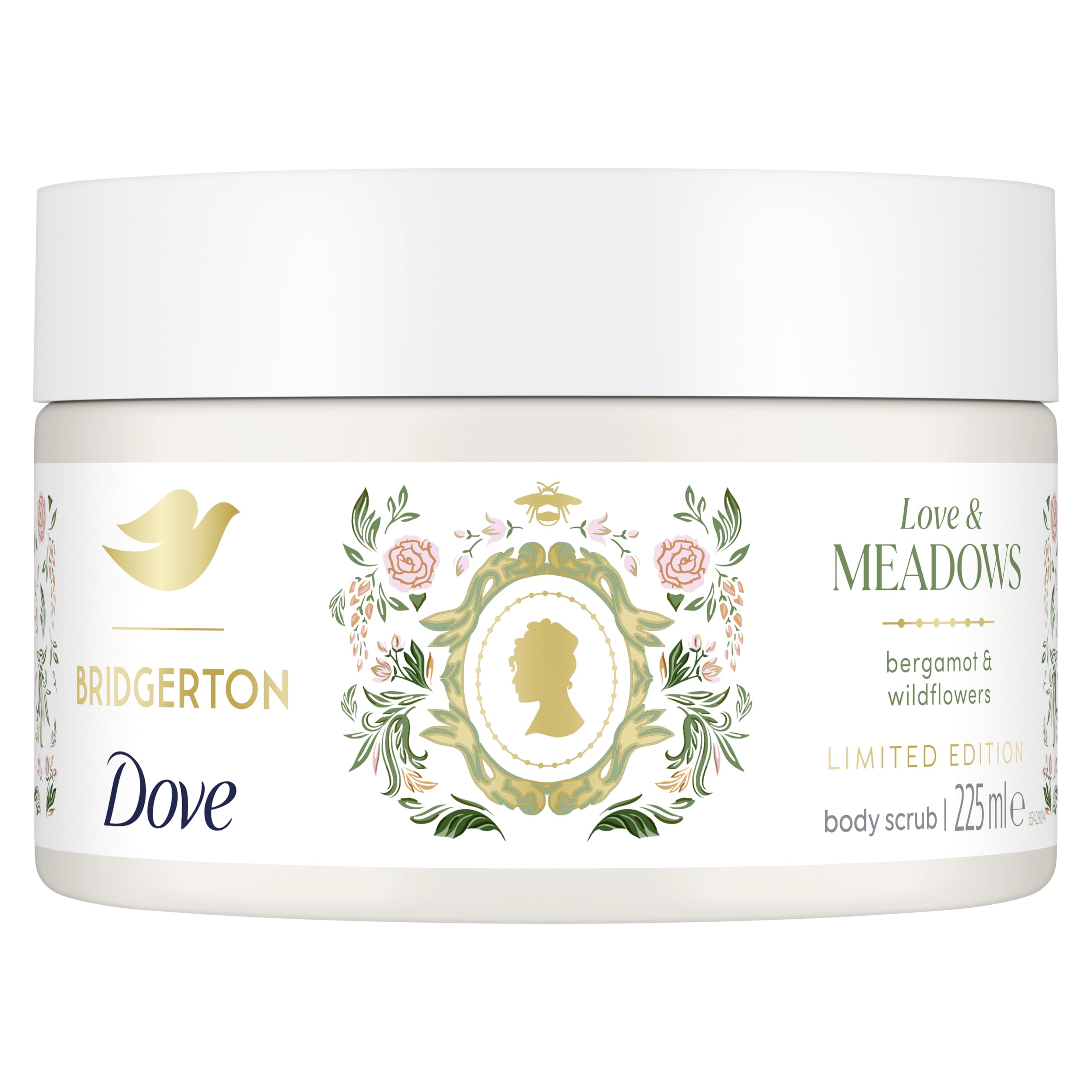 Dove Bridgerton Body Scrub, Love & Meadows Limited Edition Exfoliating Scrub with a Bergamot & Wildflowers scent for deep nourishment 225 ml