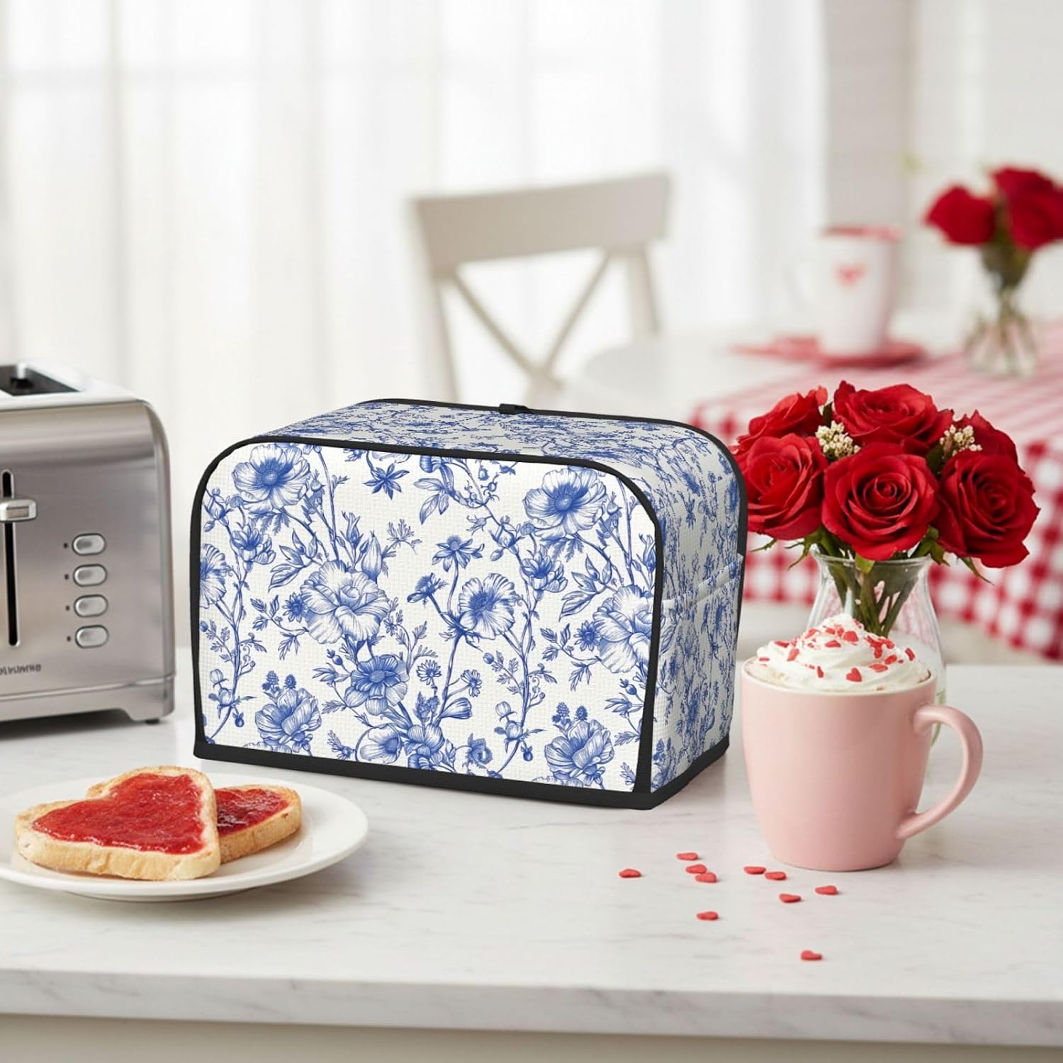 Blue Flowers Bouquet 2 Slice Toaster Cover, Waterproof Toaster Dust Cover Bread Machine Protector for Small Kitchen Appliance Dining Room Home Table Decor