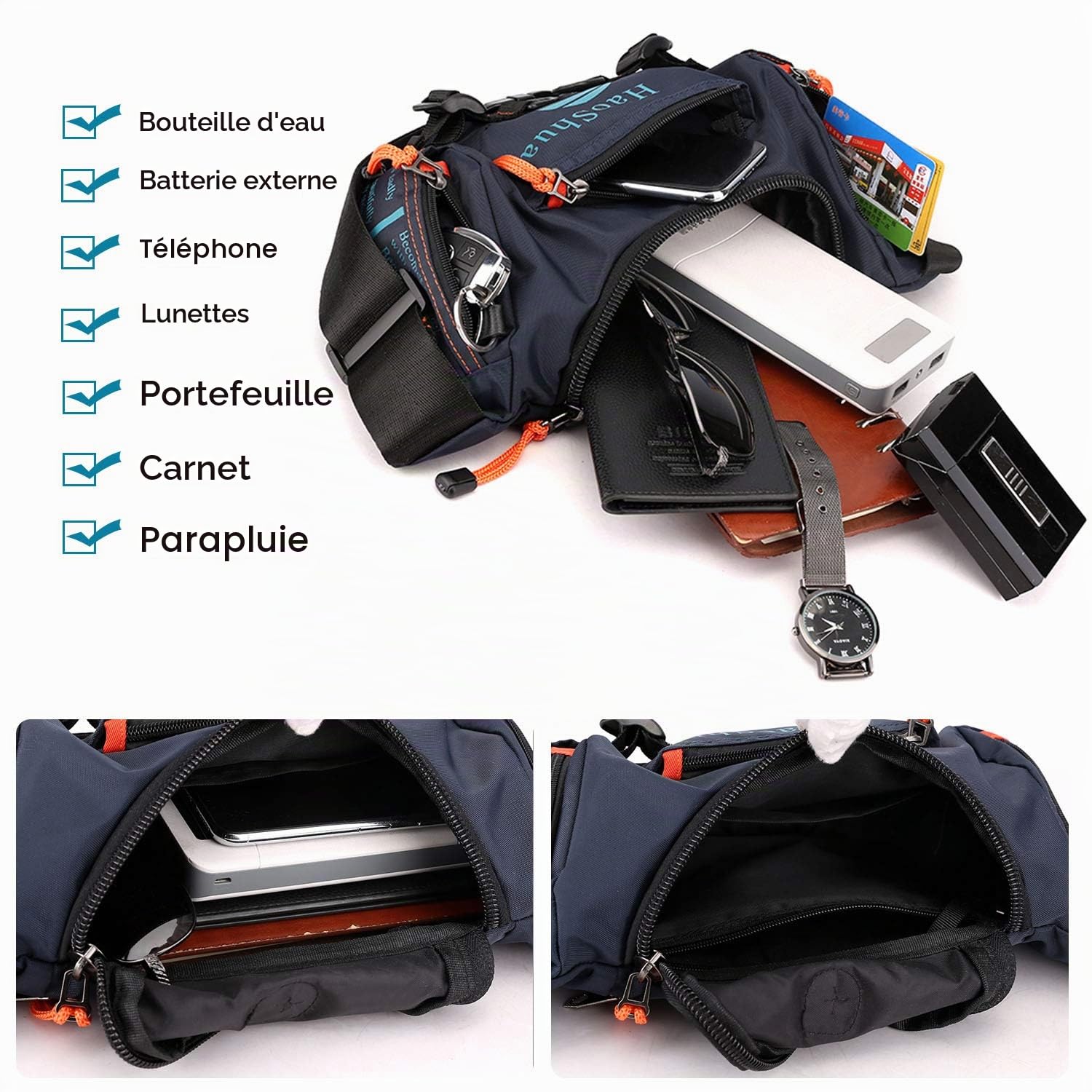 FANDARE Sac de Poitrine Extérieur Bandoulière Homme - Sacoche Durable Nylon Noir pour École, Voyage, Randonnée, Cyclisme, Jogging