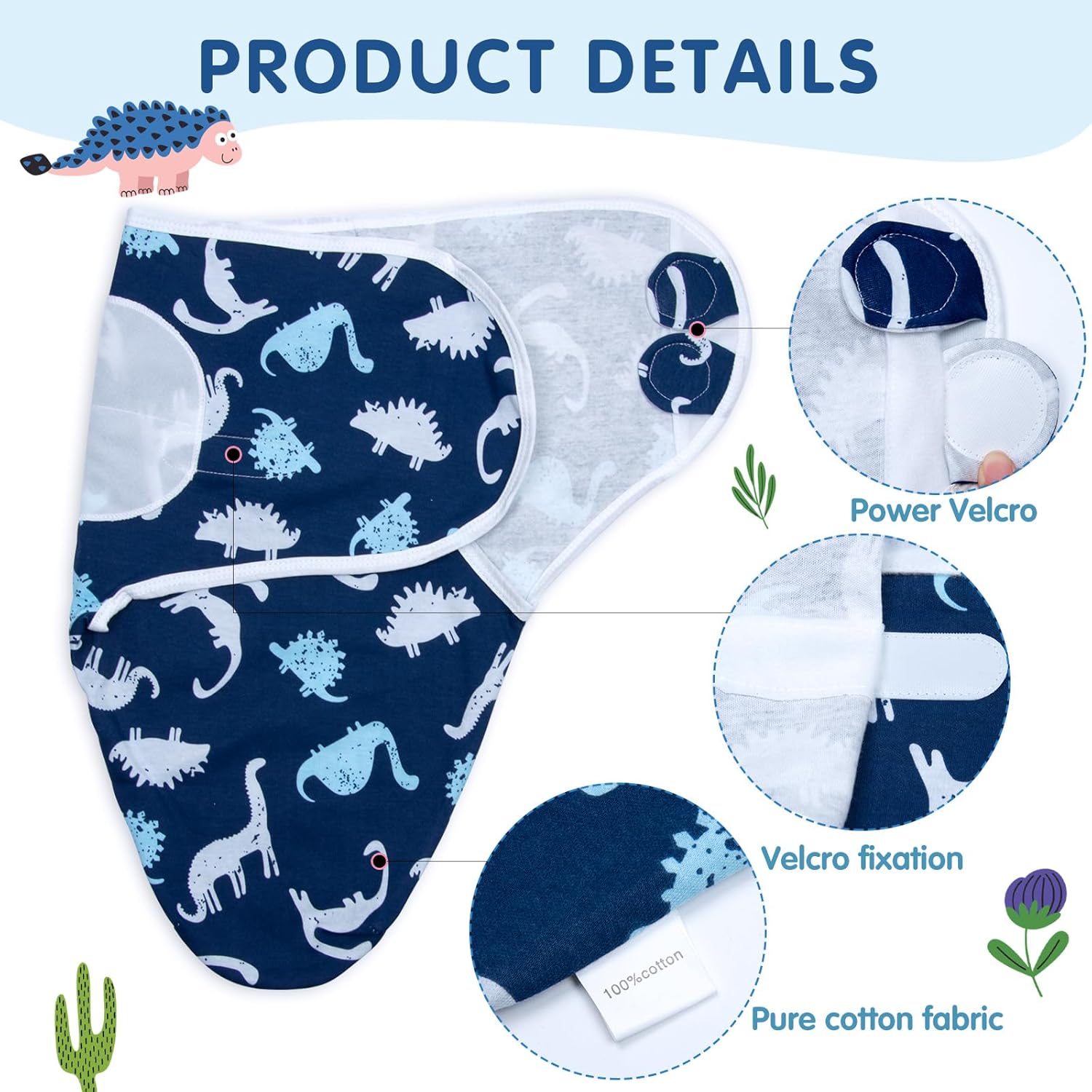 Reborn Baby Doll Dinosaur Swaddle Blanket & Hat Set -100% Cotton and Machine Washable, Reborn Baby Doll Clothes Accessories fit 17-22 Inch Boy Dolls