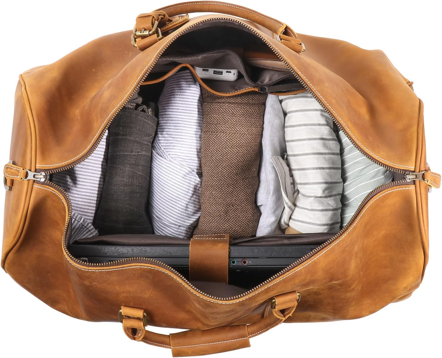 Mens Leather Weekend Bag Classic Leather Travel Duffel Bags YKK Zipper with Shoes Compartment Sports Vintage Travel Luggage Overnight Carry On Bags (Vintage Brown, 24 Inch)