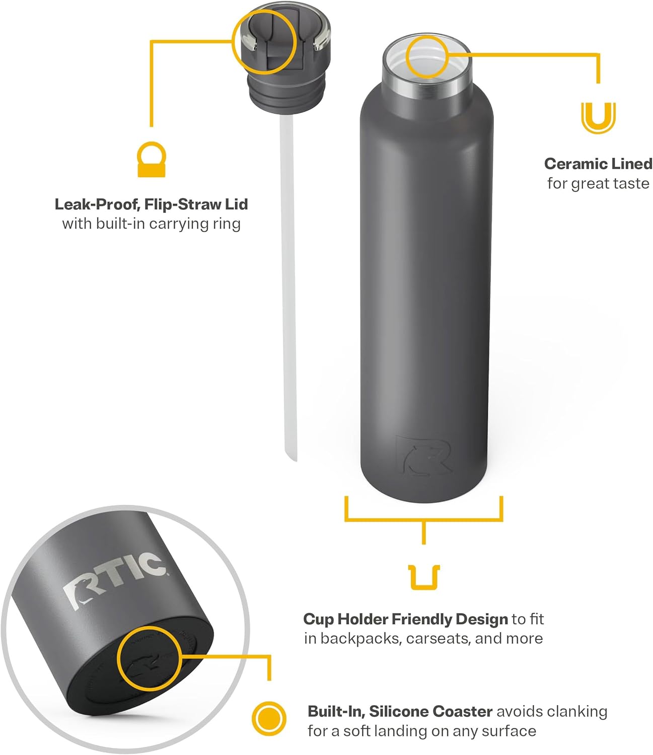 RTIC 26oz Journey Water Bottle Ceramic Lined Metal Stainless Steel Vacuum Insulated, BPA Free, Reusable, for Water, Hot and Cold Drinks, Travel, Sports, Camping, Graphite - Image 3