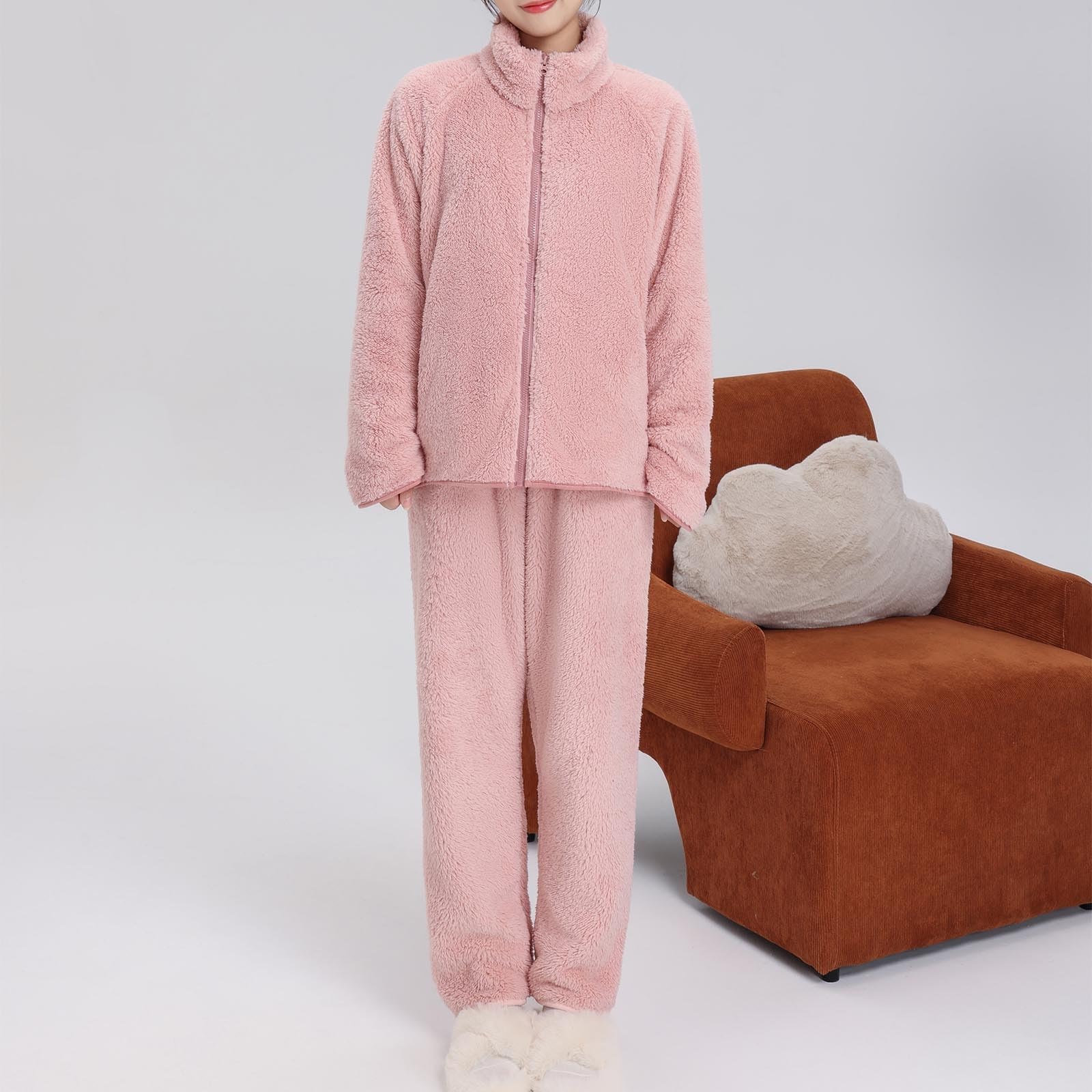 2024 Pijama Polar Mujer,Pijama Mujer Invierno Forro Polar Conjunto de Sudaderas con Cremallera de Cuello Alto y Pantalon Largo Espesado y Cálido Ropa Casa Suave y Cómodo Ropa de Dormir Pijamas Mujer