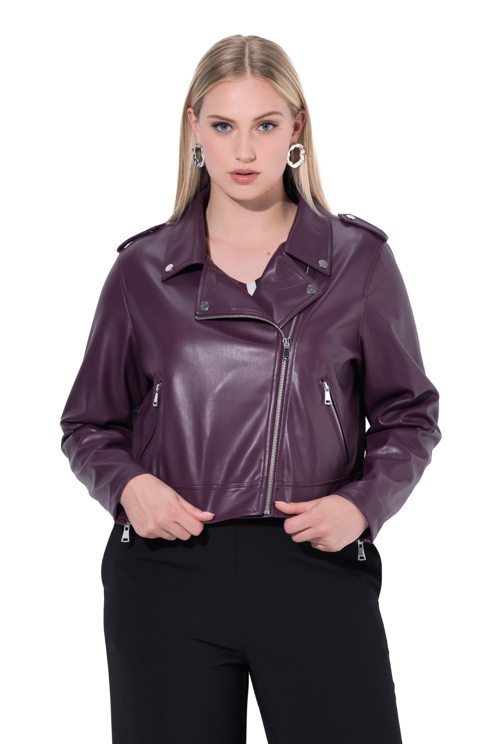 Ulla Popken Damen große Größen Übergrößen Plus Size Bikerjacke, Lederoptik, Reverskragen, Zipptaschen 845121