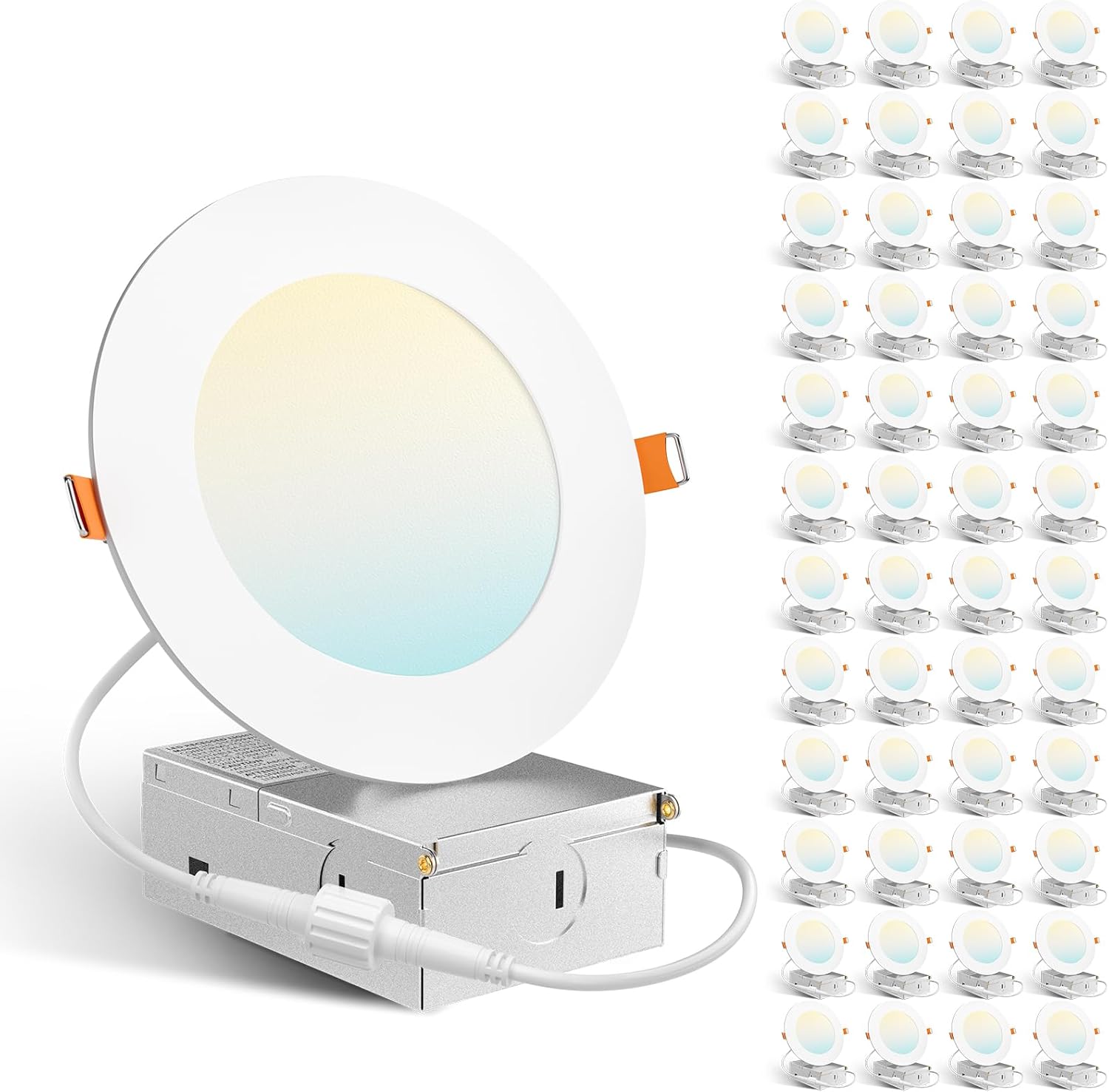 Amico 48 Pack 4 Inch 5CCT Ultra-Thin LED Recessed Dimmable Ceiling Light with Junction Box, 2700K/3000K/3500K/4000K/5000K Selectable, 10W Eqv 60W, 800 Lumens, High Brightness Downlight - ETL&FCC