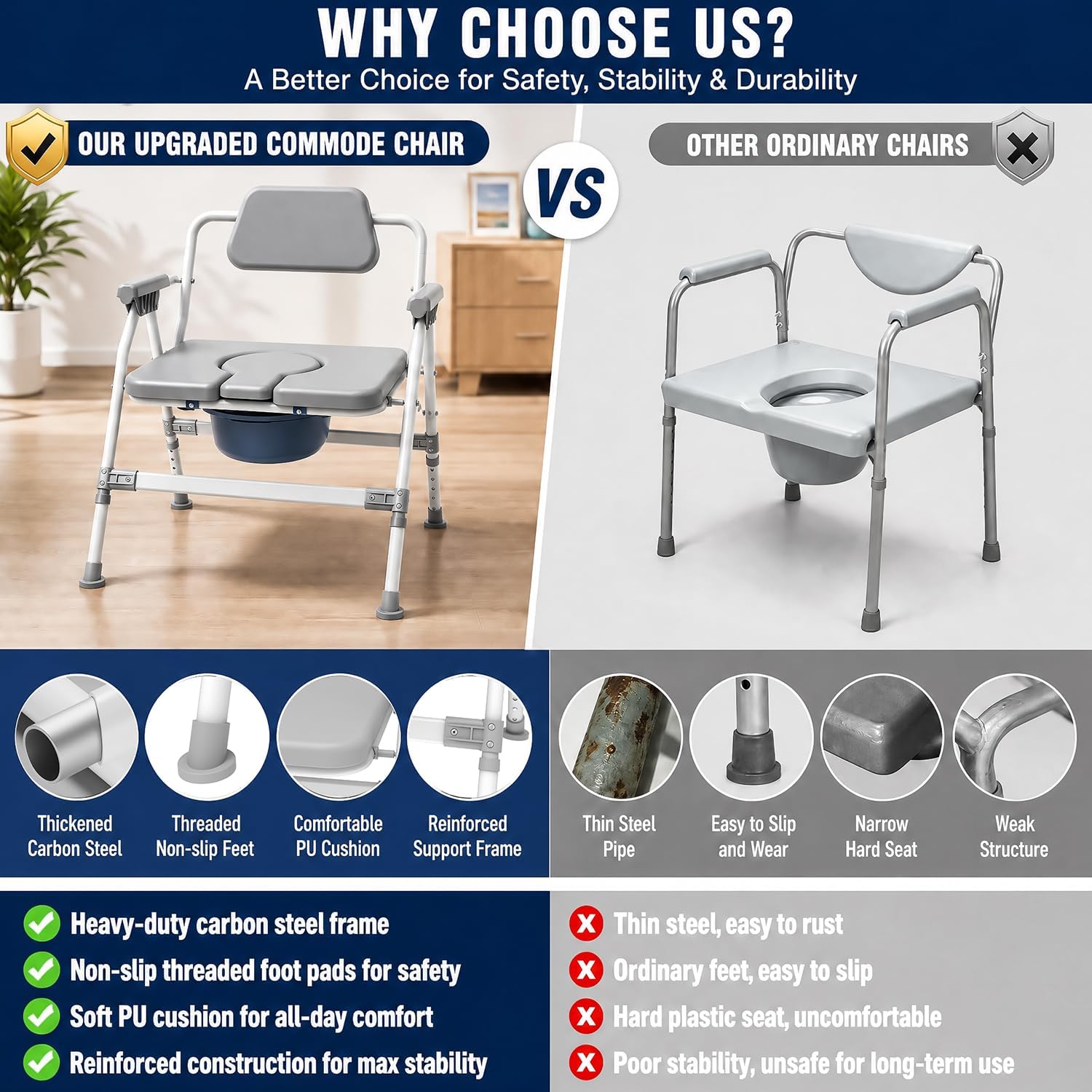 Heavy Duty Bariatric Bedside Commode, 800lbs Capacity, Extra Wide Soft Padded Seat, Adjustable Height Folding Toilet Chair for Elderly Disabled Patient Home Use Gray