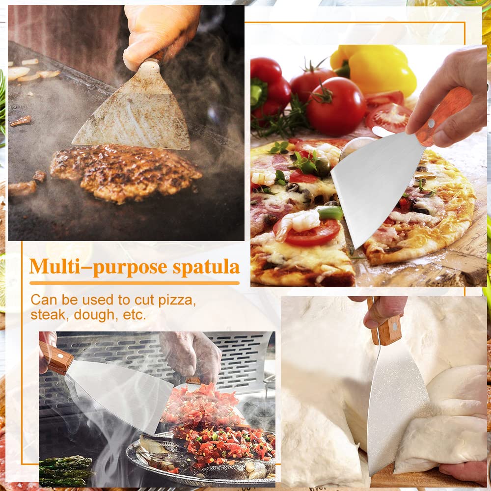 THATSRAD 2 PCS Spatule Inox Manche en Bois Spatule Barbecue Plancha Grattoir Plancha Inox Spatule Plancha Inox Teppanyaki Spatule pour Barbecue Pizza Steak 20,5*10 cm, 20,5*7,5 cm,1 mm d'Épaisseur