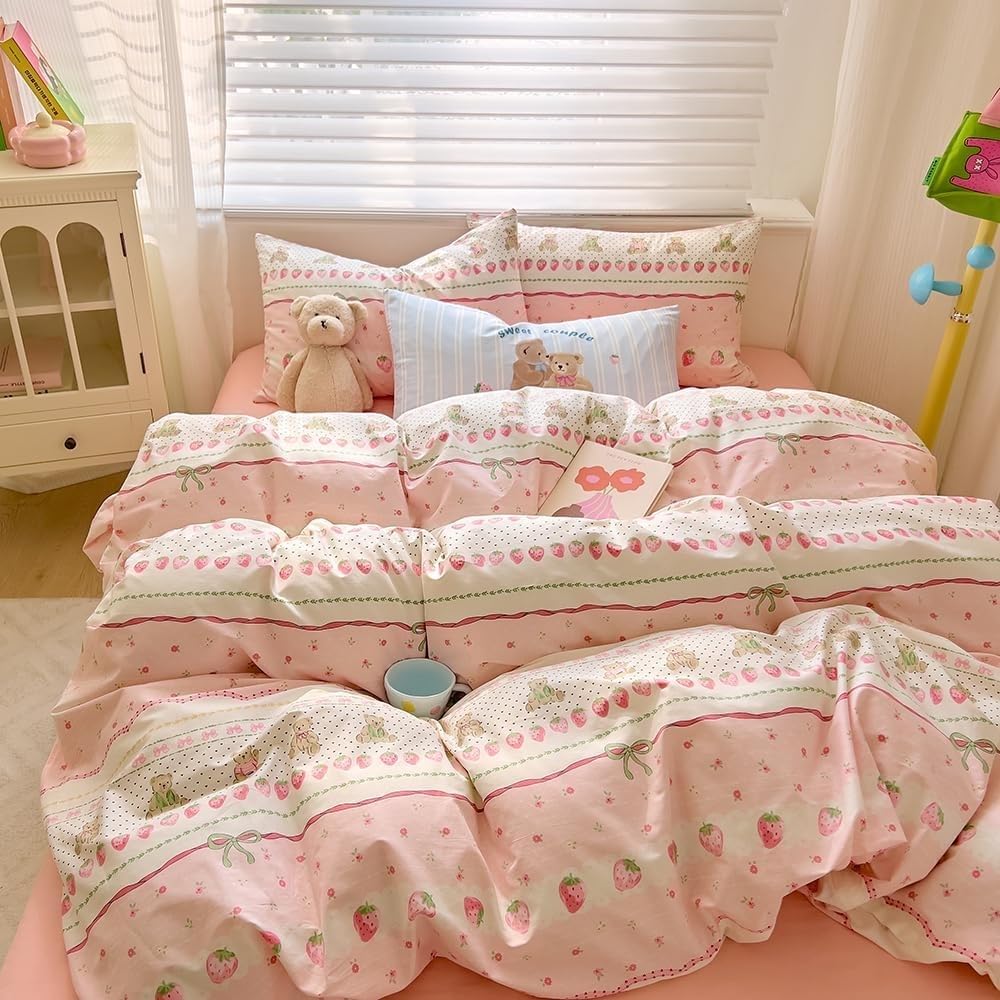 Funda Nordica Cama 90 Infantil Fresas Rosas Ropa de Cama Oso pequeño Microfibra Suave y Cómoda con Cremallera Funda Edredon 150x200-2 Fundas Almohada 50x75 QD2168