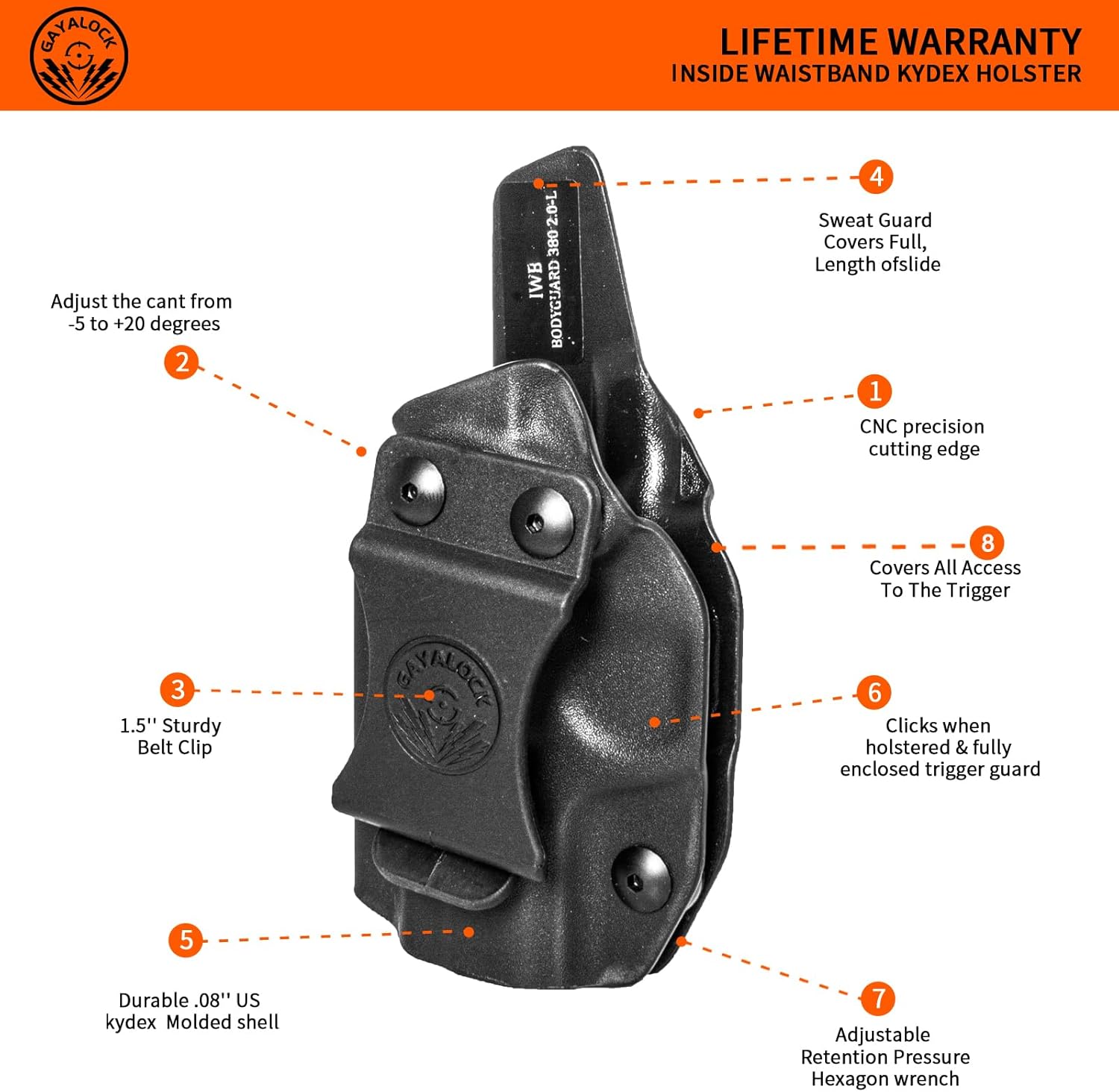 IWB Kydex Holster for Bodyguard 2.0, Right-Hand Inside Waistband, Black, Belt Clip Mount, 7.5 x 4.8 x 1.5 Inches, (Right) (Left)