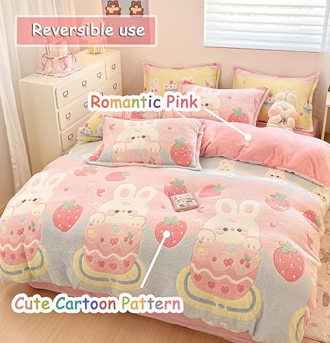 Miniatura 2 de Juego de ropa de cama individual, lindo juego de funda de edredón rosa con diseño de conejito, fundas de edredón Kawaii de crema esponjosa ultra