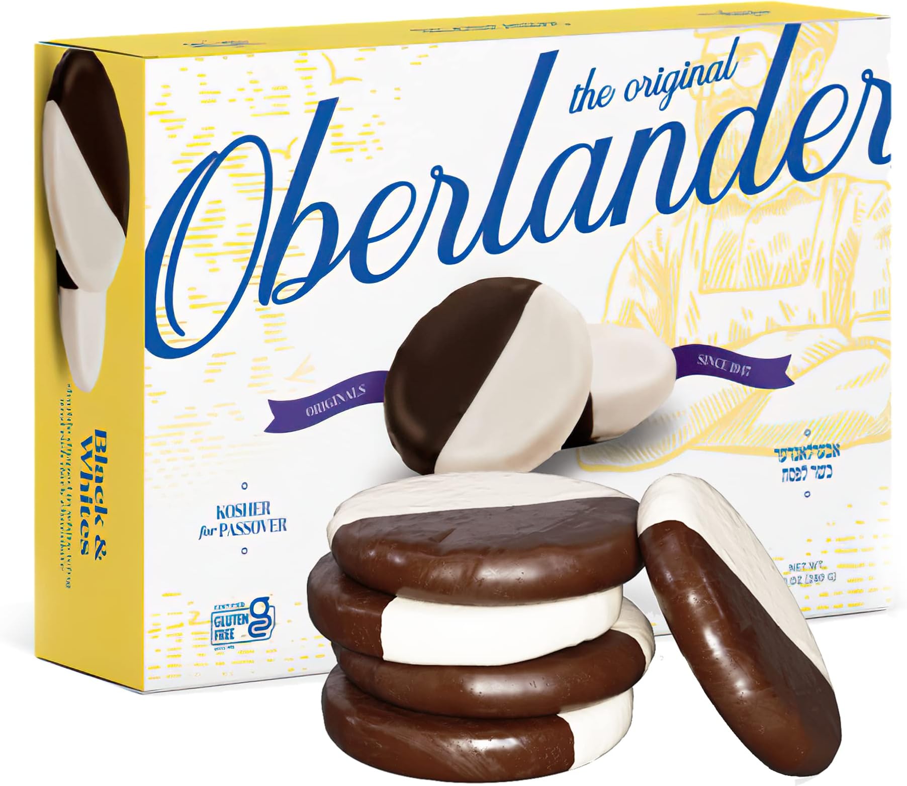 Oberlander Black & White Cookies Gluten Free Cookies - Dairy-Free & Soy-Free, White Icing & Dark Chocolate - Kosher Treats for Passover, Desserts for Celebrations or Everyday Snacks - Yellow, 10 Oz.