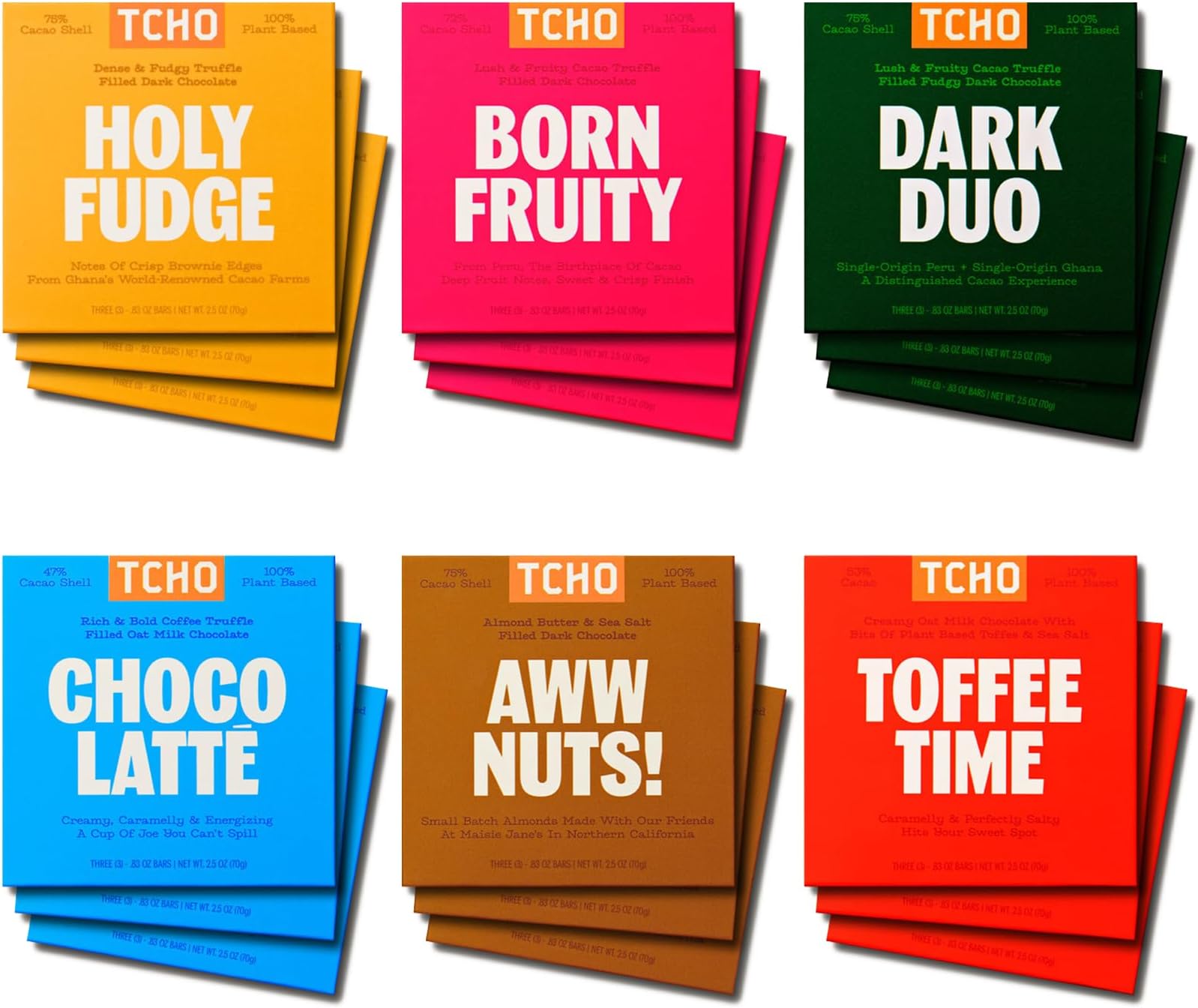 TCHO 18-Bar Dark Chocolate Variety Pack - Single Origin, Plant Based, Organic & Fair Trade - Non GMO, Non-Dairy, Vegan, Soy Free (2.5oz each) - Perfect Organic Chocolate Gift Box for Any Occasion