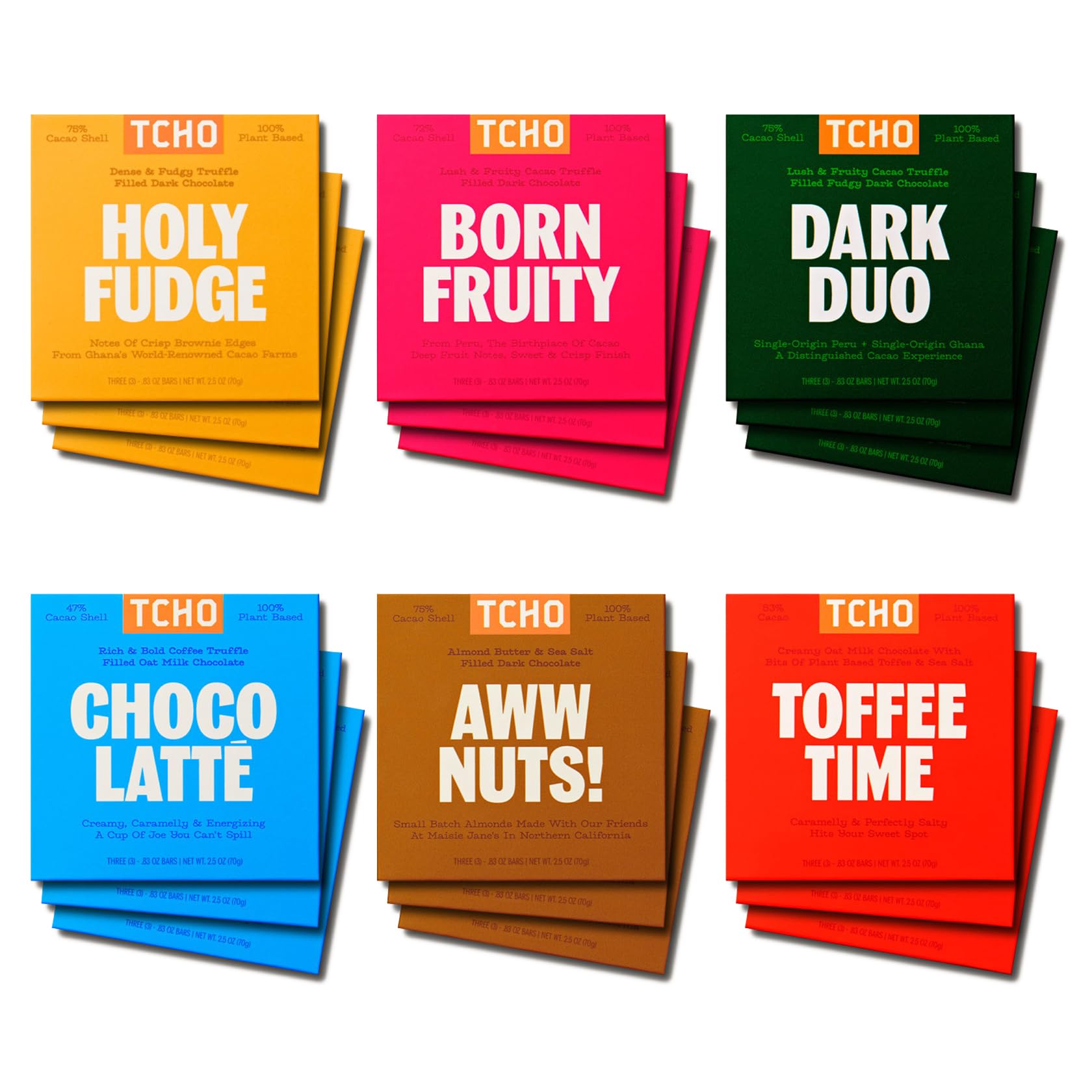 TCHO 18-Bar Dark Chocolate Variety Pack - Single Origin, Plant Based, Organic & Fair Trade - Non GMO, Non-Dairy, Vegan, Soy Free (2.5oz each) - Perfect Organic Chocolate Gift Box for Any Occasion