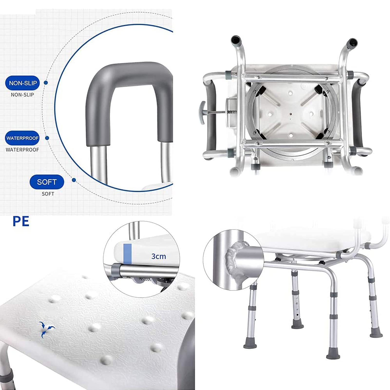 Silla De Ducha para Personas Mayores, Mango De Seguridad, Altura Ajustable con Respaldo En Forma De U, Ayuda Giratoria, Asiento De Baño Portátil, Peso De Carga 150 Kg, As(Blanco-41 * 28Cm)