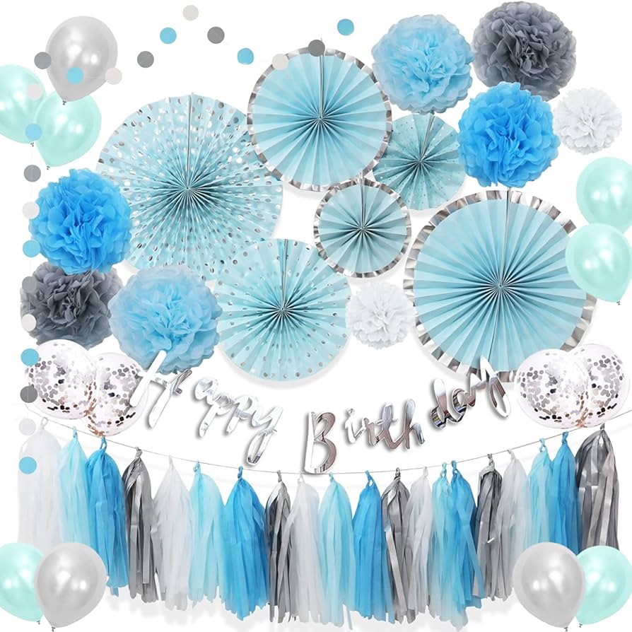 Amazon.co.jp: Hanakaze 誕生日 飾り付け ブルー 豪華100点