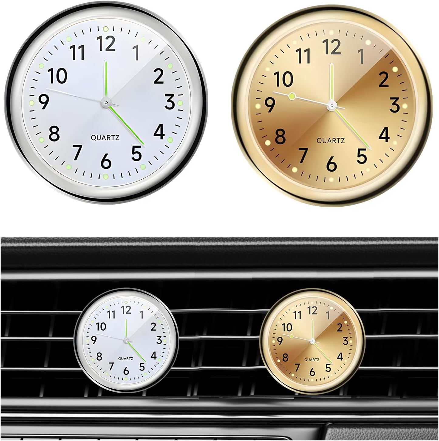 Dickno 2 PCS Stick on Dashboard Car Clock, Mini Tiny Analog Quartz Luminous Air Vent Clocks, Self Adhesive Automotive Vent Clocks Watch, Vehicle Clock for Dashboard Decoration (Golden+White)