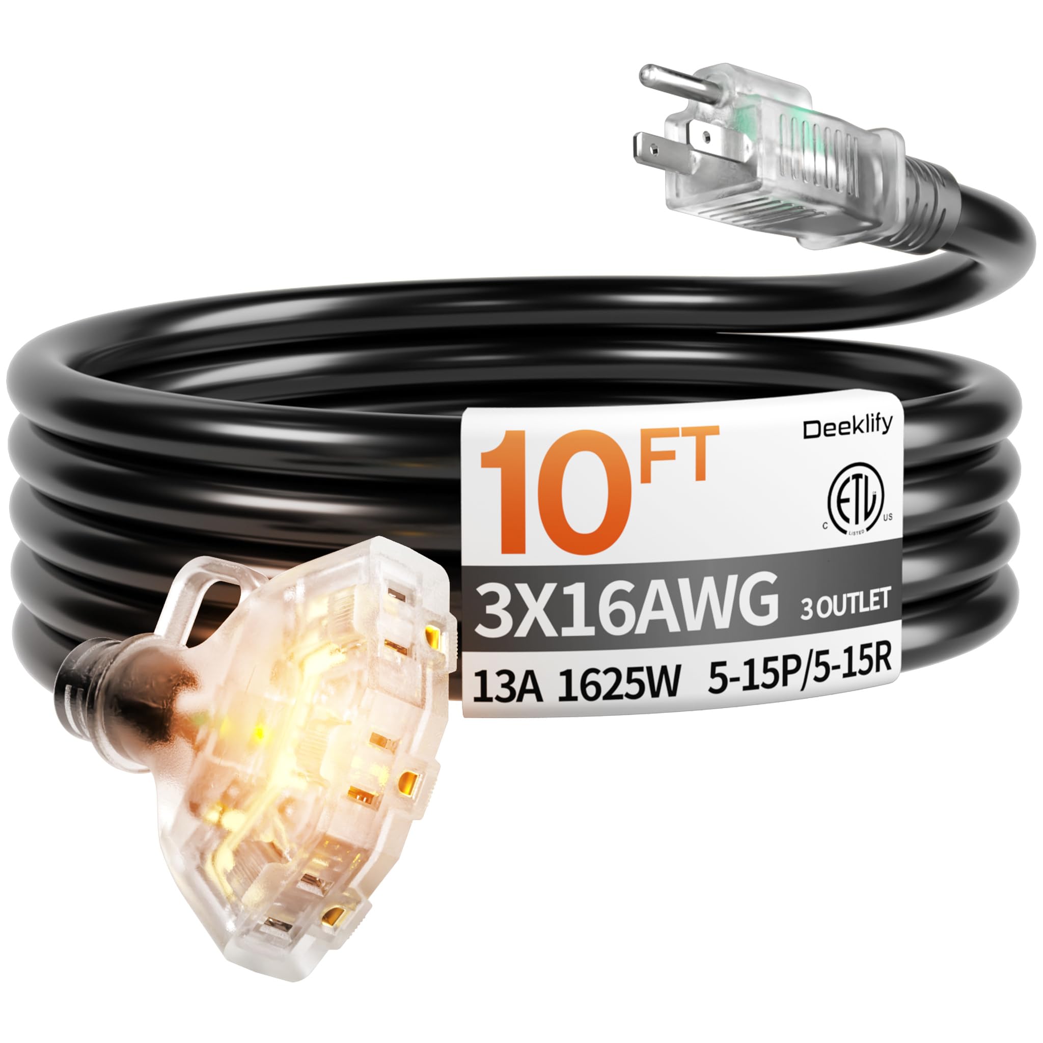 Deeklify 10 ft 16/3 awg 3 Outlet Extension Cord Splitter with Indicator, Waterproof Indoor/Outdoor Extension Cord with Multiple Outlets, 13A 1625W for