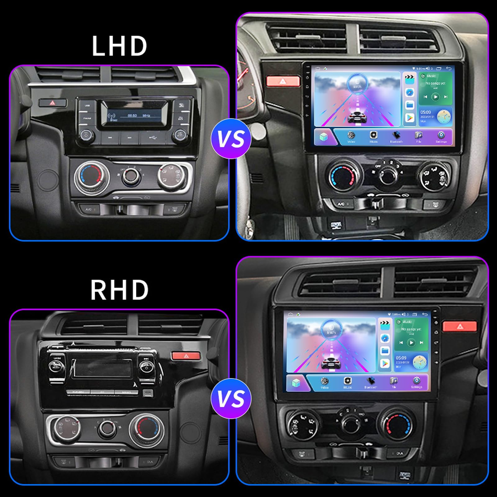 Android 14 radio samochodowe stereo nawigacja do H-onda Fit Jazz LHD/RHD (2014-2018) 9" radio z bezprzewodową kartą Carplay/Android Auto GPS, obsługa Bluetooth 5.0, HIFI FM, WiFi SWC MIC, M600s