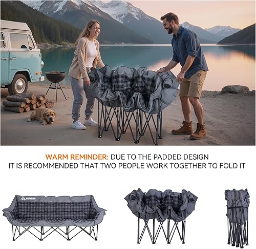 Miniatura 6 de Silla de camping acolchada para 3 personas, silla de camping plegable, silla de campamento doble portátil, silla de campamento resistente para