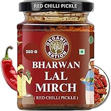 ORGANIC NATION Deliciously Tangy Stuffed Red Chilli Pickle | Authentic Bharwa Mirchi Ka Achar | Traditional Lal Mirch Ka Achar | Spicy Mirchi | No Preservatives | 250g Jar | Vibrant Red Color