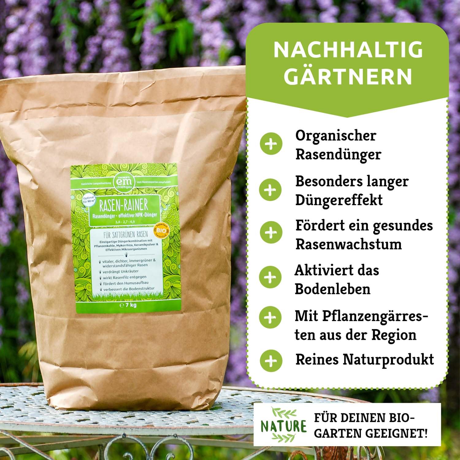 EM-Chiemgau® Rasen-Rainer – Organischer Bio Rasendünger mit Mykorrhiza & Pflanzenkohle – Langzeitdünger für dichten, grünen Rasen – Bodenaktivator mit Effektiven Mikroorganismen – 7 kg