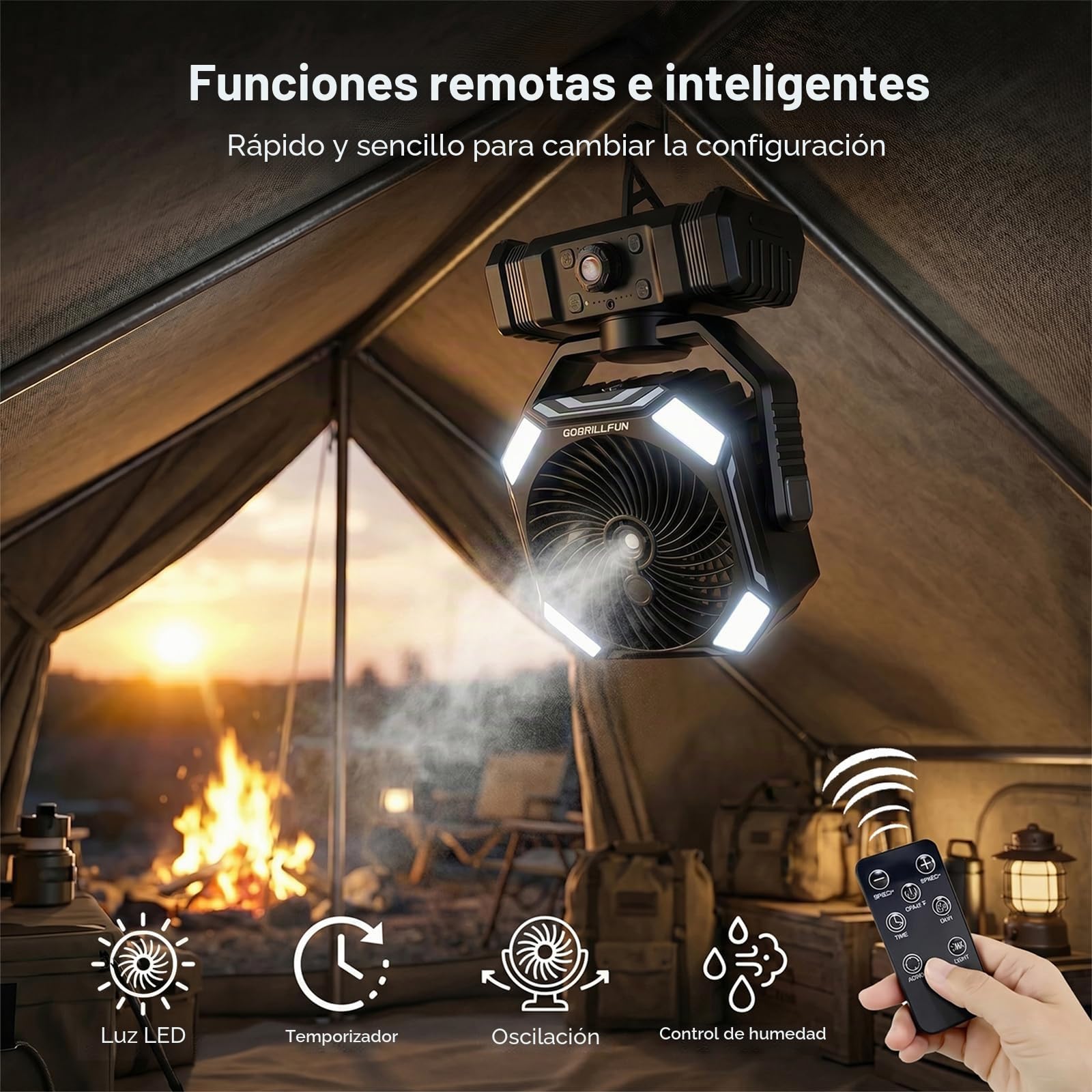 Ventilador a Batería con Nebulizador, Ventilador Portátil Recargable 10000mAh, Ventilador Oscilante con Depósito 300mL, Control Remoto, Luz LED, Temporizador para Camping Terraza Playa Oficina