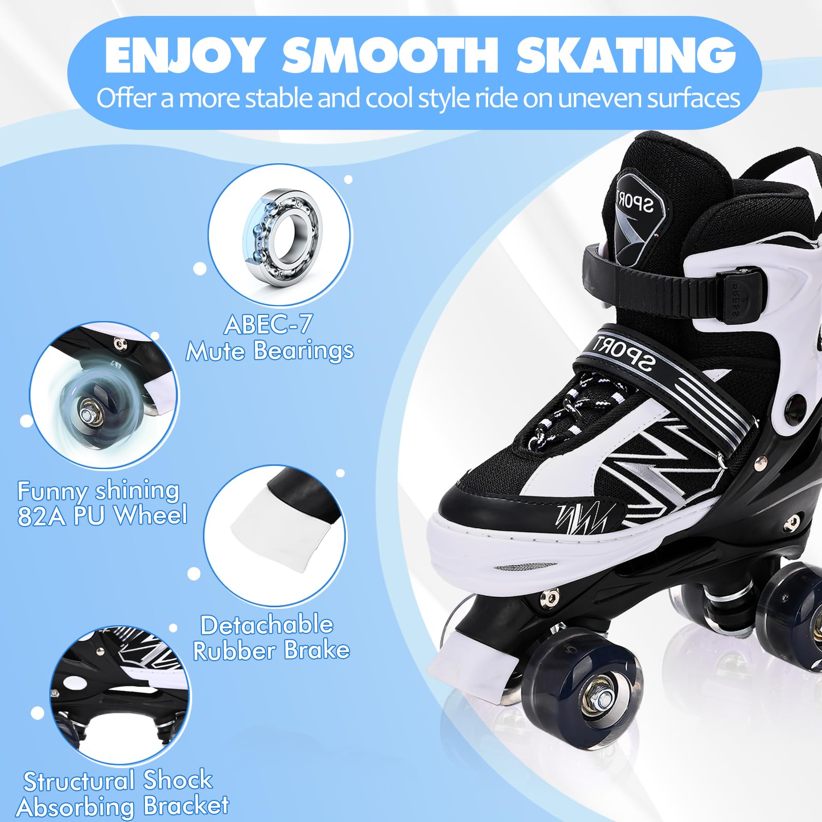 LOKJIJI Pattini a rotelle per bambini ragazze ragazzi principianti, 4 misure regolabili per bambina e bambino con ruote luminose, pattini a rotelle viola e bianco per lo sport