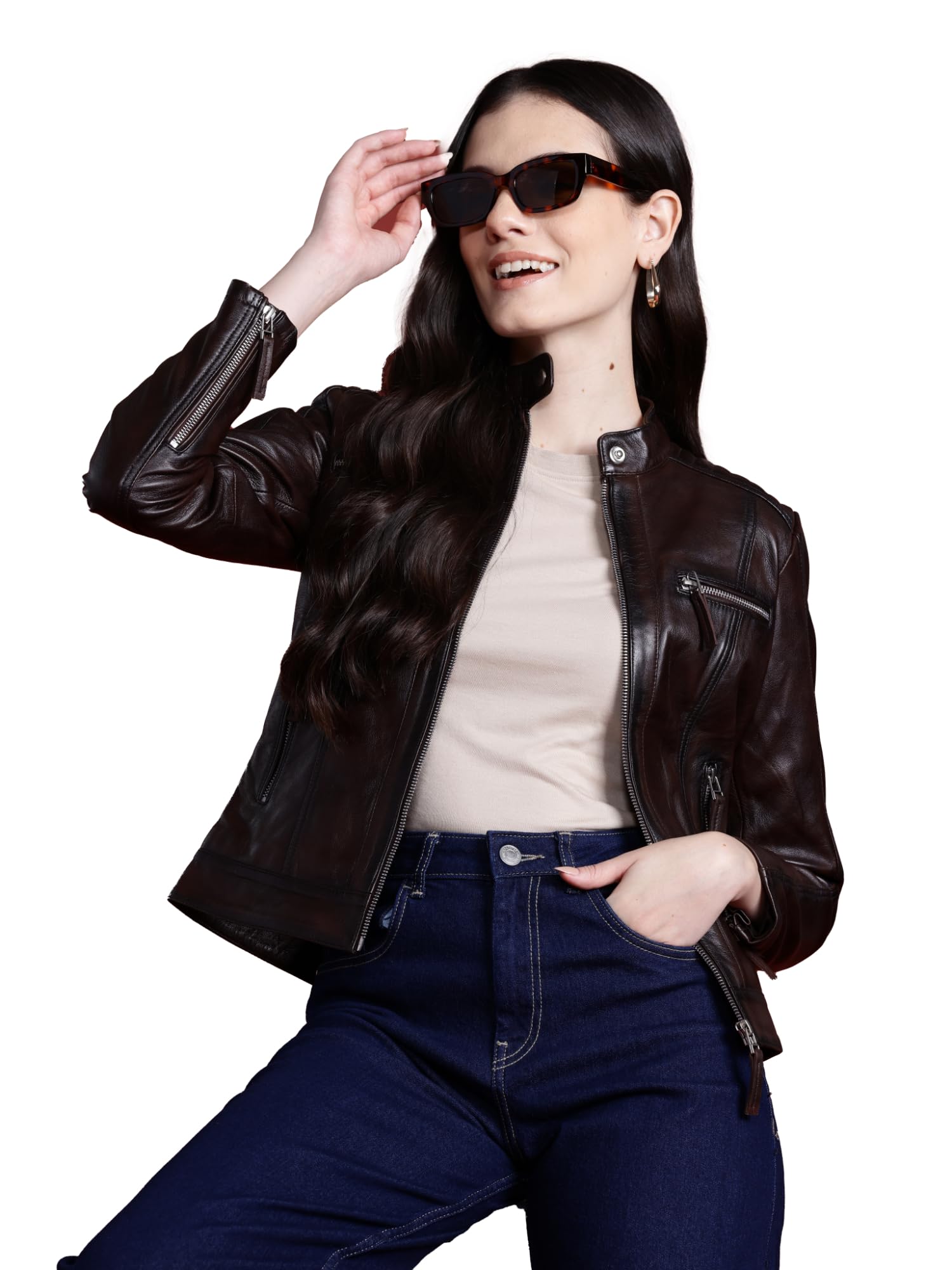 leather retail Genuine Leather Soild Casual Biker Jacket for Women (Coffee)-picture-37