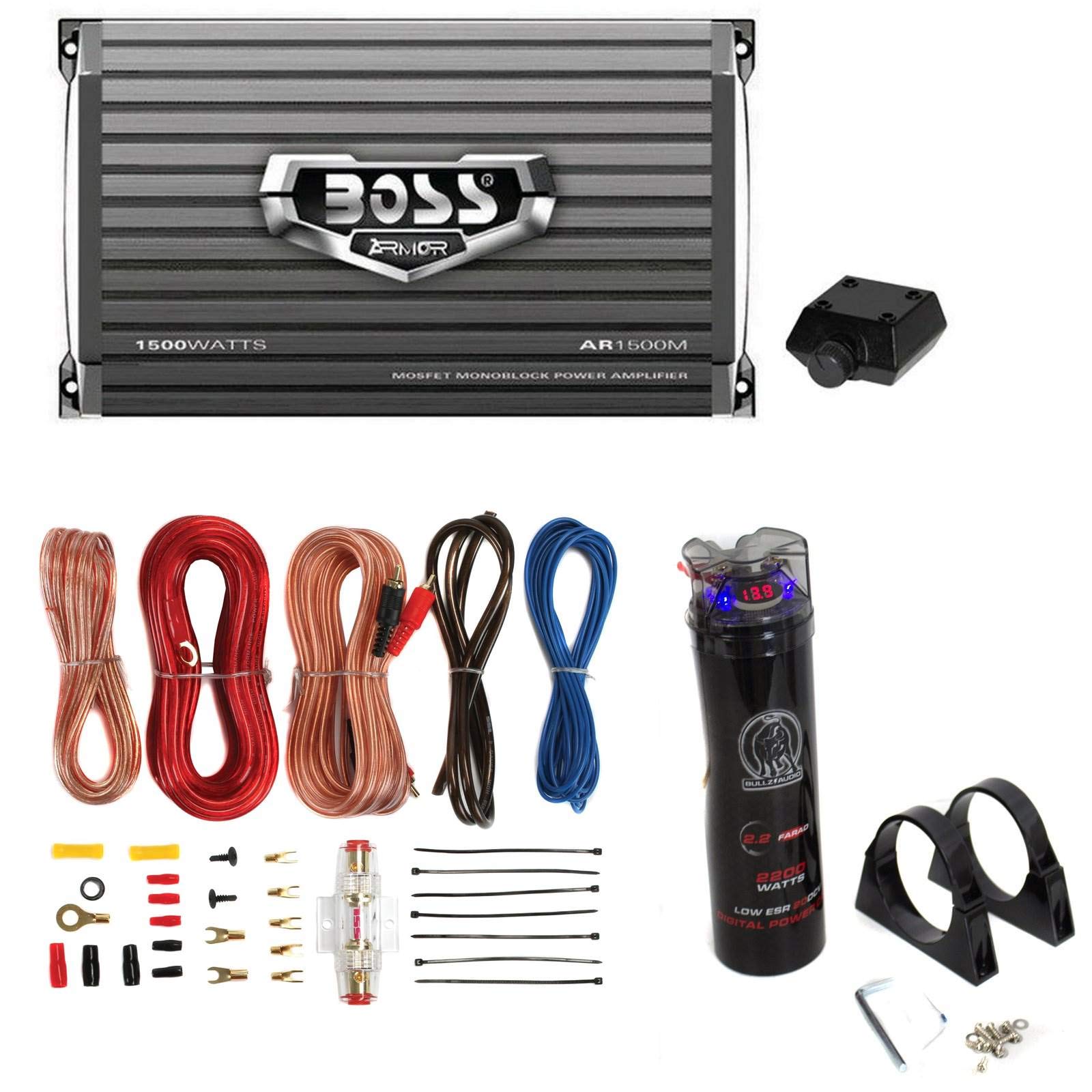 Boss AR1500M 1500W Mono Car Amplifier + Remote + 2.2 Farad Capacitor + Amp Kit