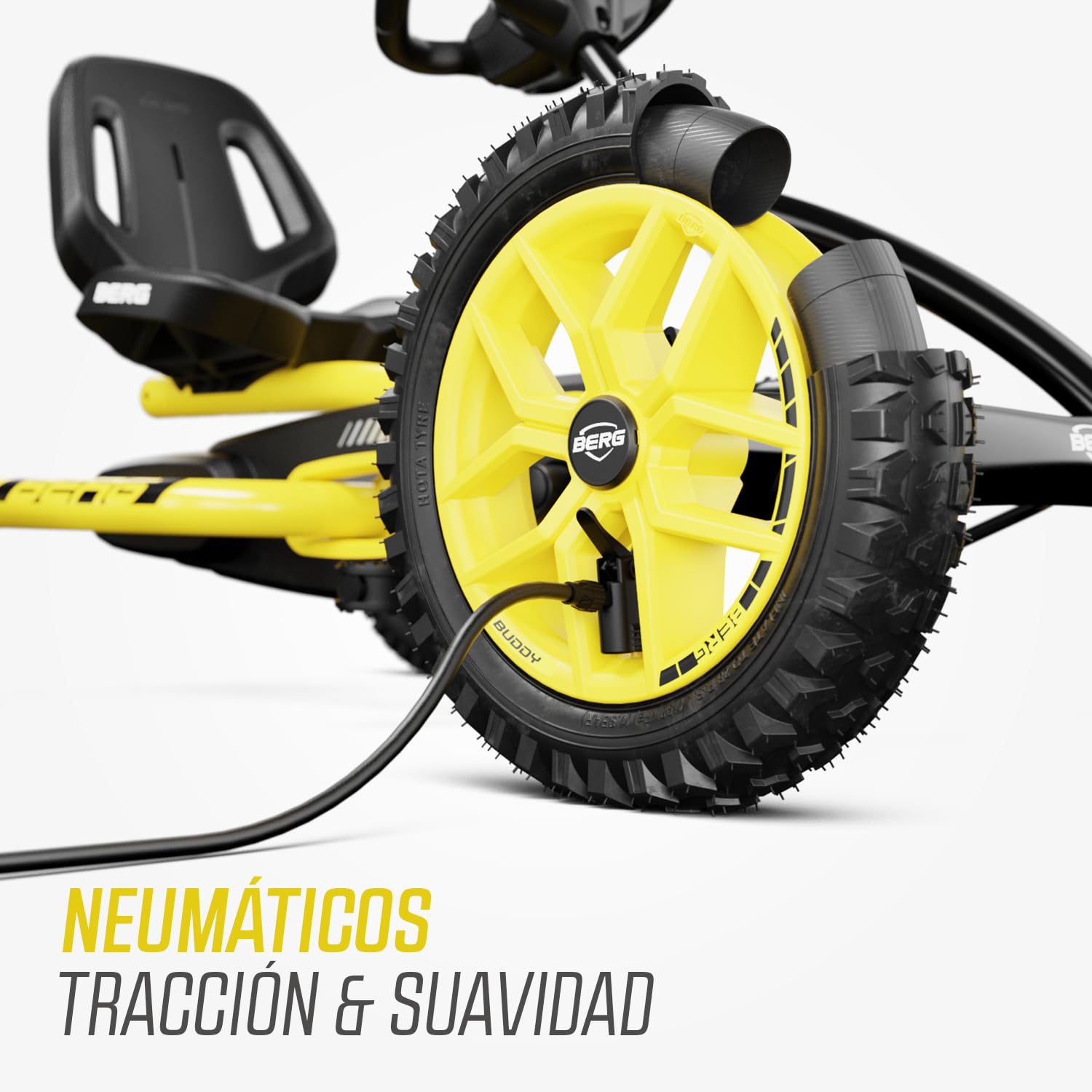 BERG Kart a Pedales Buddy Cross | Amarillo, 3-8 años, cuadro resistente, asiento regulable, volante regulable