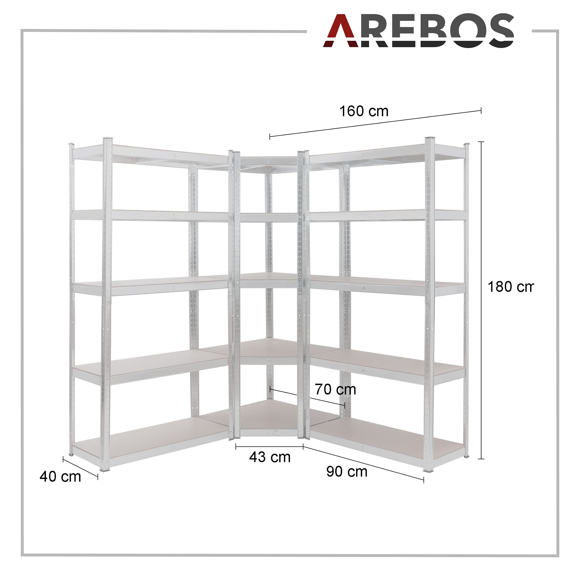 AREBOS Étagère pour Charges Lourdes, Lot de 3 | Étagère d'angle combinée | Jusqu'à 875 kg de capacité de Charge | Montage par système d'emboîtement | Construction métallique Robuste | Argent