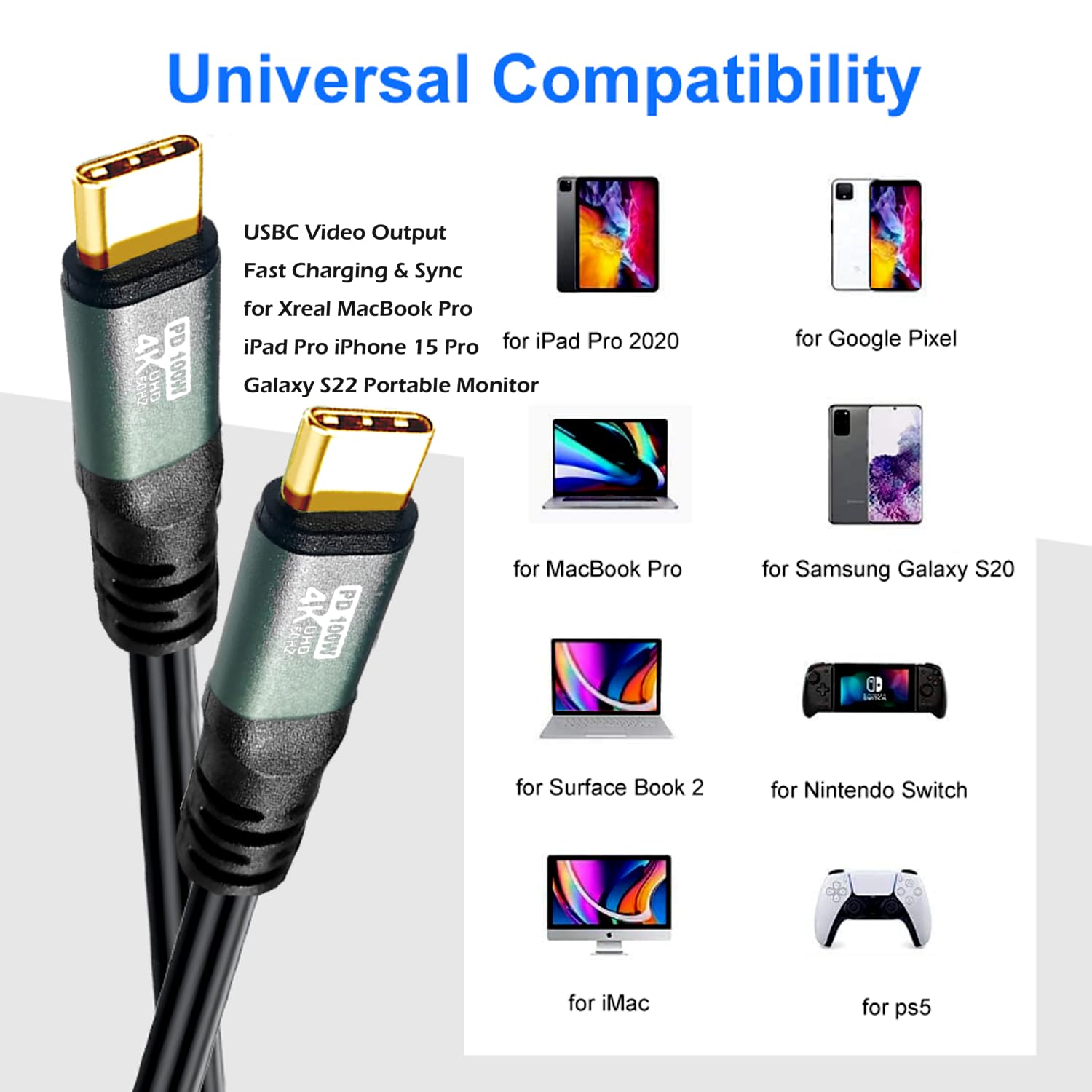 Cable tipo C a C de 40 pies, carga rápida 4K a 60 Hz 100 W, funda de aluminio para transferencia de datos de alta velocidad para monitor portátil Xreal MacBook Pro, iPad Pro, iPhone 15 Pro