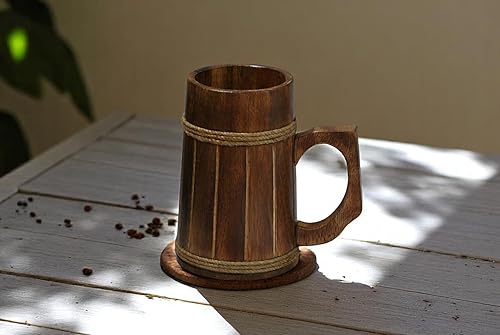 Miniatura 4 de Tazas de cerveza de madera, 100% auténticas y hechas a mano, taza de madera marrón retro hecha a mano natural de alta calidad con asa para beber té,