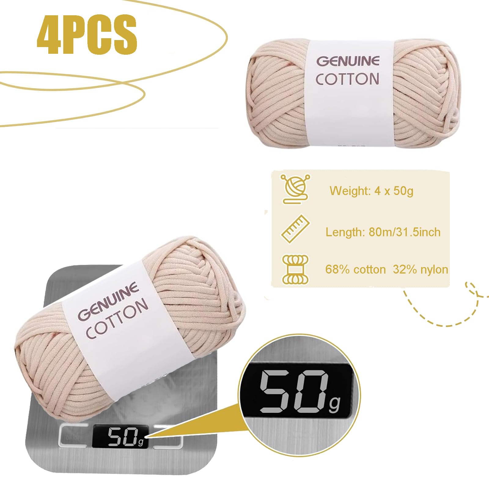 Hilo De Ganchillo De Algodón - Pack 4 Colores Beige, 50g Cada Uno, Ideal Para Principiantes