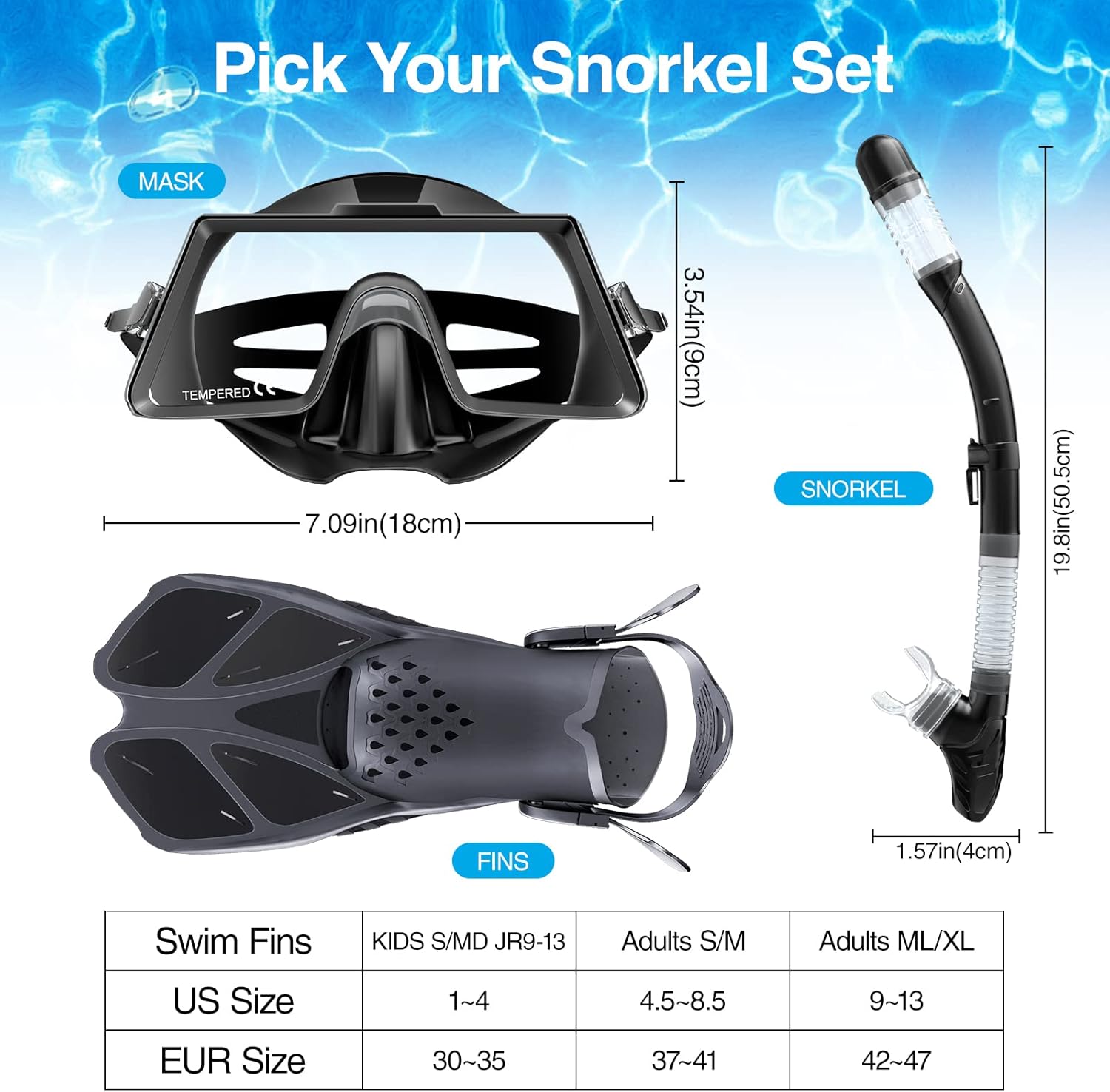 Tongtai Mask Fin Snorkel Set with Adult &Kids Snorkeling Gear, Panoramic View Diving Mask,Trek Fin,Dry Top Snorkel +Travel Bags, Professional Snorkel for Lap Swimming : Sports & Outdoors