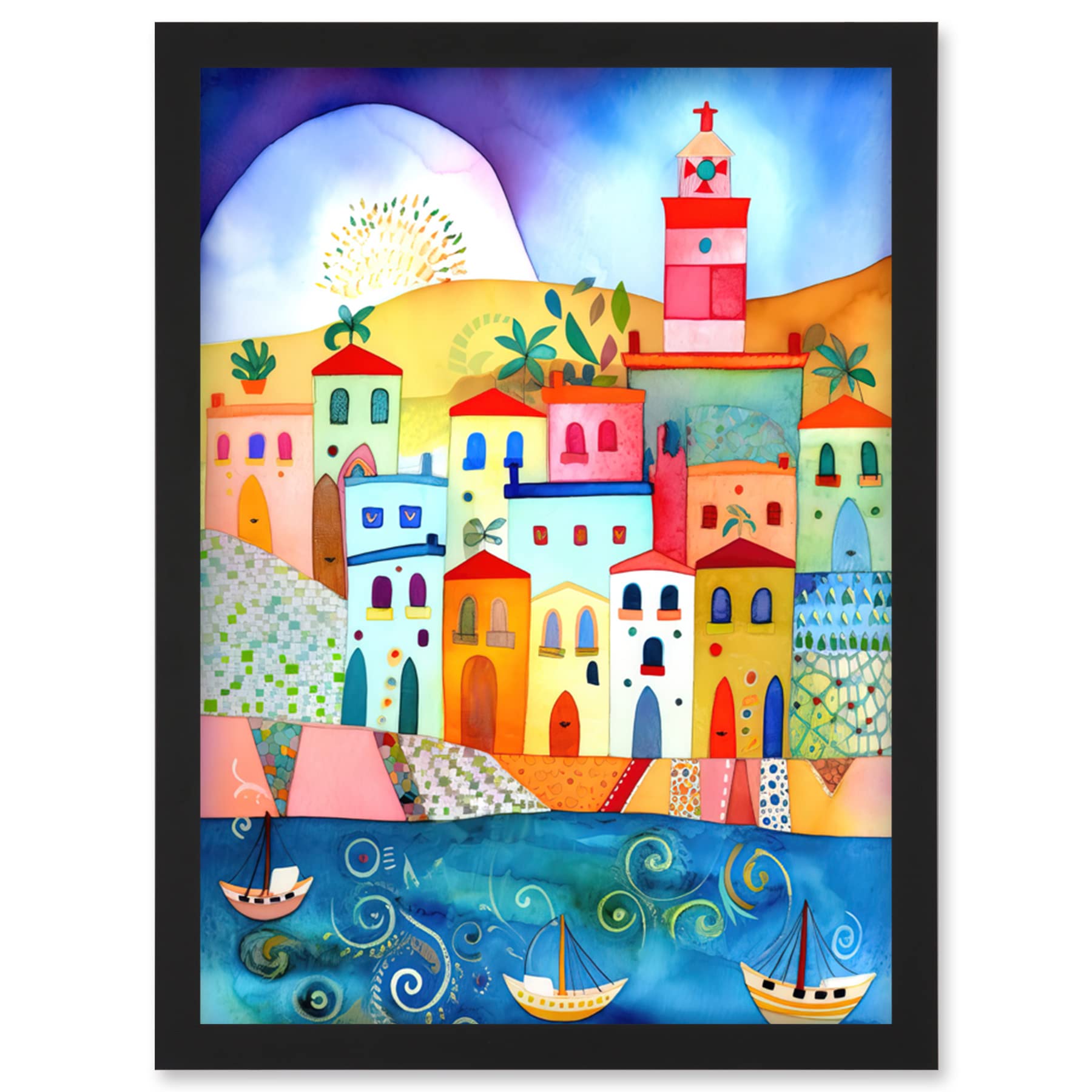 Artery8 Tunisia Seaside Town Folk Art Artwork Framed Wall Art Print A4