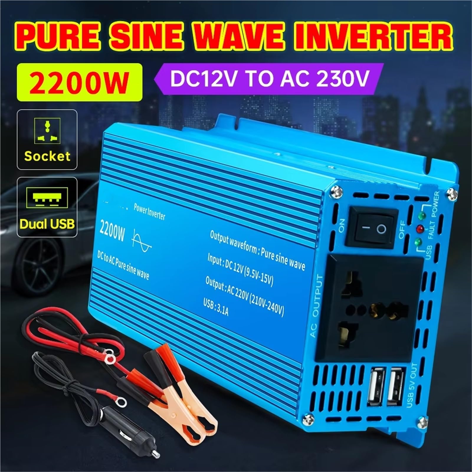 Inversor Inversor Coche 12V Convertidor Onda Sinusoidal Pura Adaptador CC 12V CA 220V 2200W Fuente Alimentación Portátil De Alta Potencia para Coche Onda sinusoidal modificada(Black 12V 2200W)